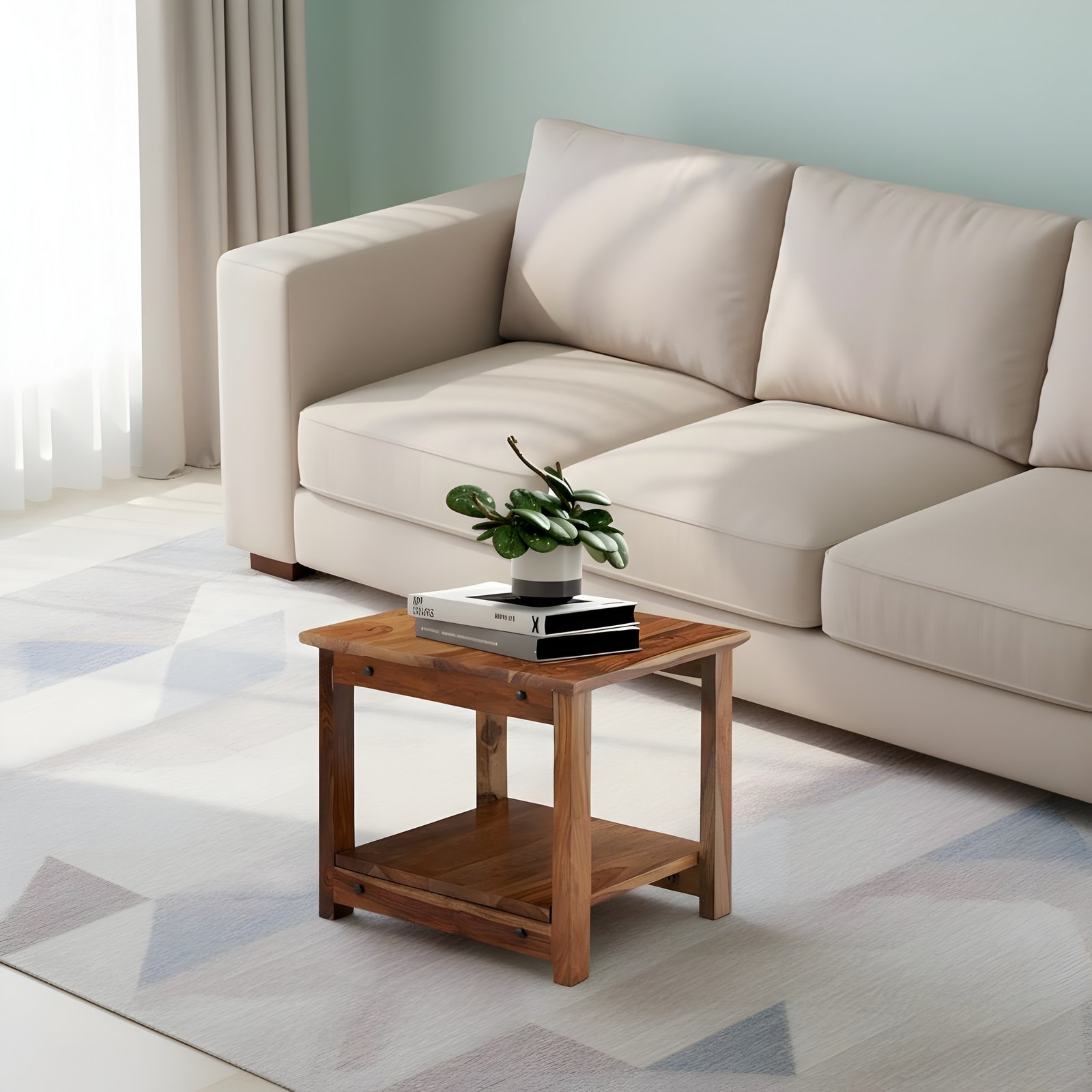 Ikiriya Camden Sheesham Wood Contemporary Square Coffee Table in Natural Teak Finish