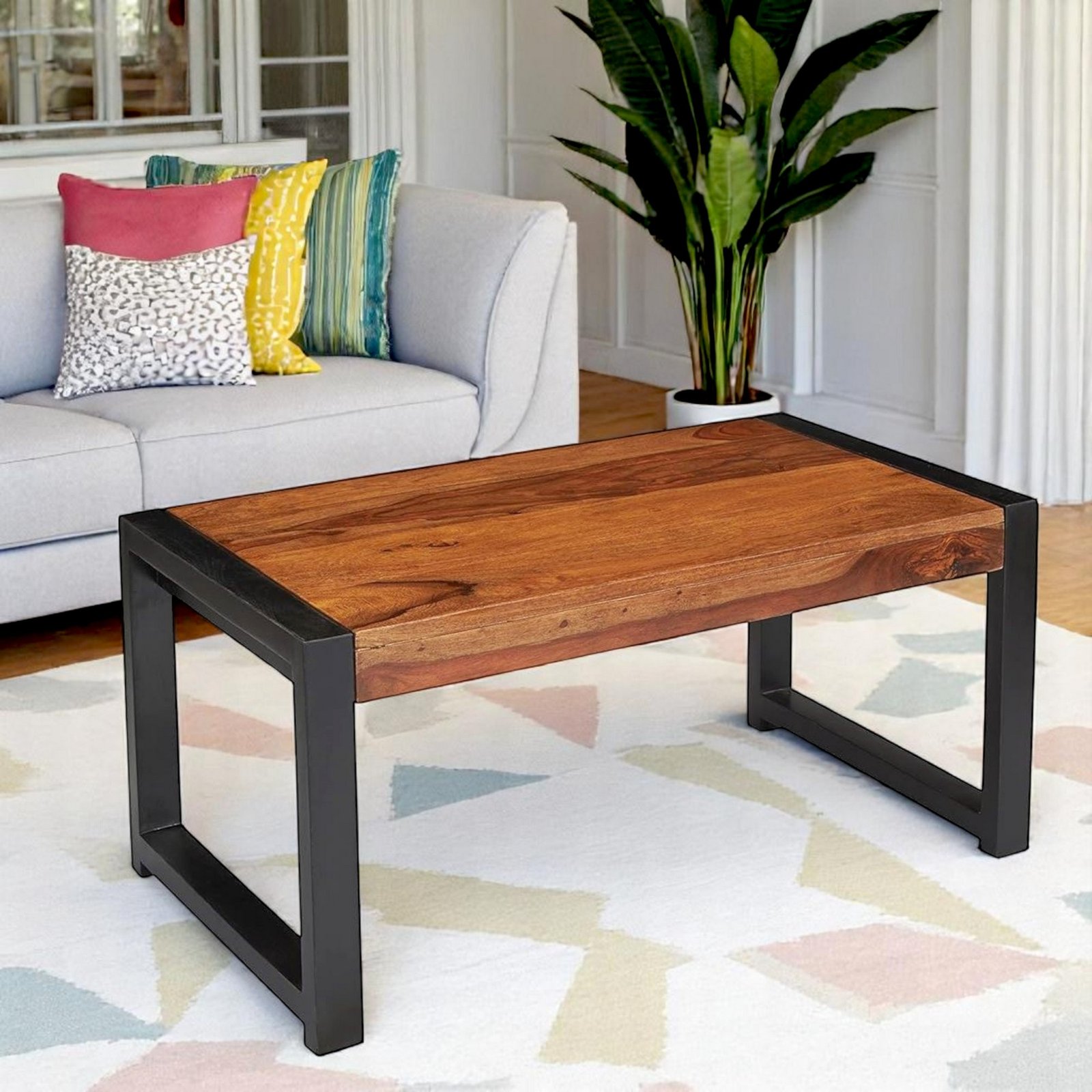 Ikiriya Hamstreet Sheesham Wood Contemporary Rectangle Coffee Table in Natural Teak Finish