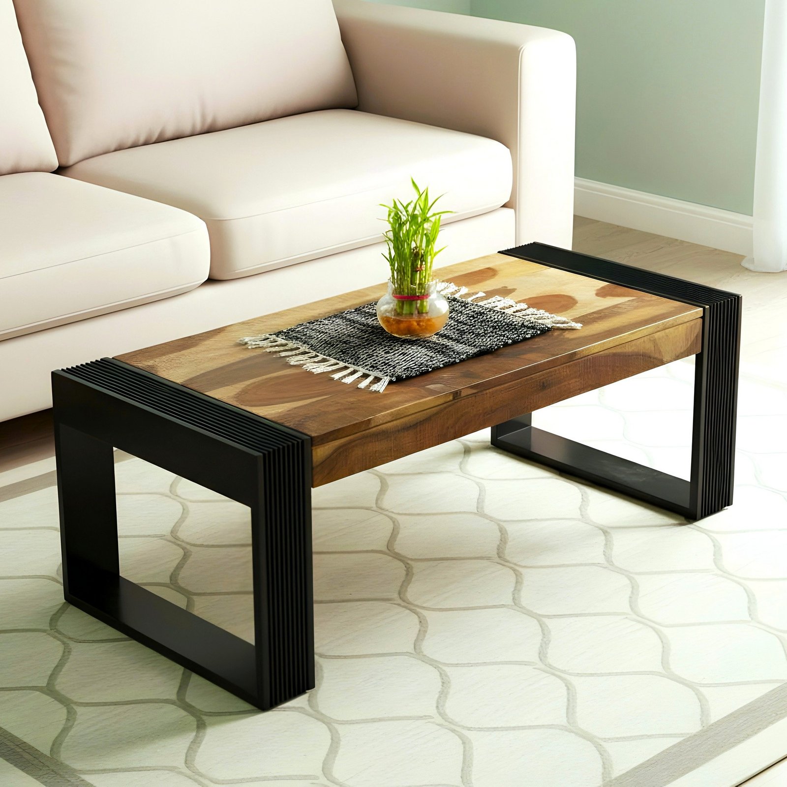 Ikiriya Hudson Sheesham Wood Rustic Rectangle Coffee Table in Natural Rustic Finish