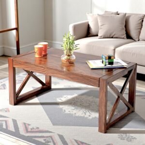 Ikiriya Hudson Sheesham Wood Contemporary Rectangle Coffee Table in Teak Finish
