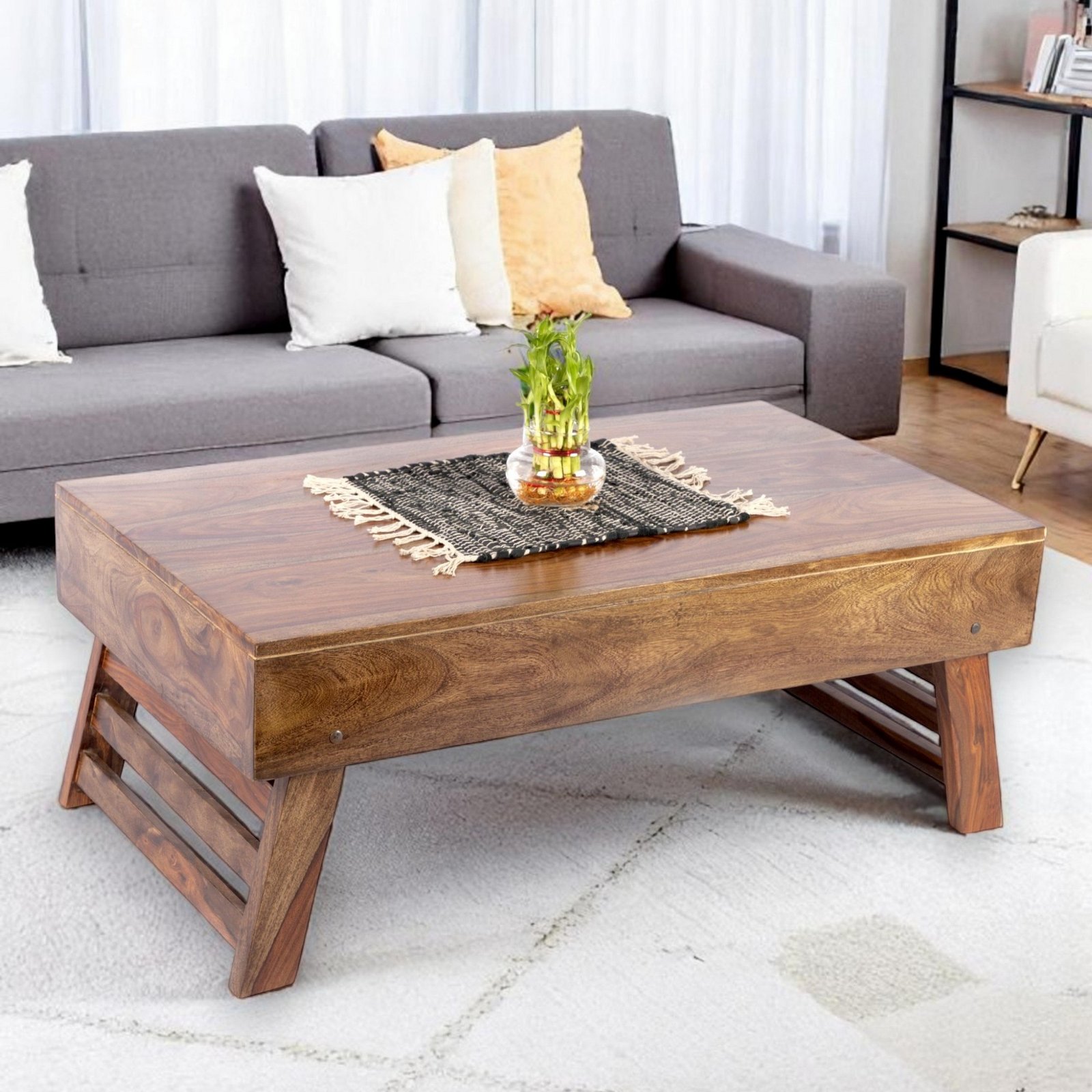 Ikiriya Kassel Sheesham Wood Contemporary Rectangle Foldable Coffee Table in Teak Finish