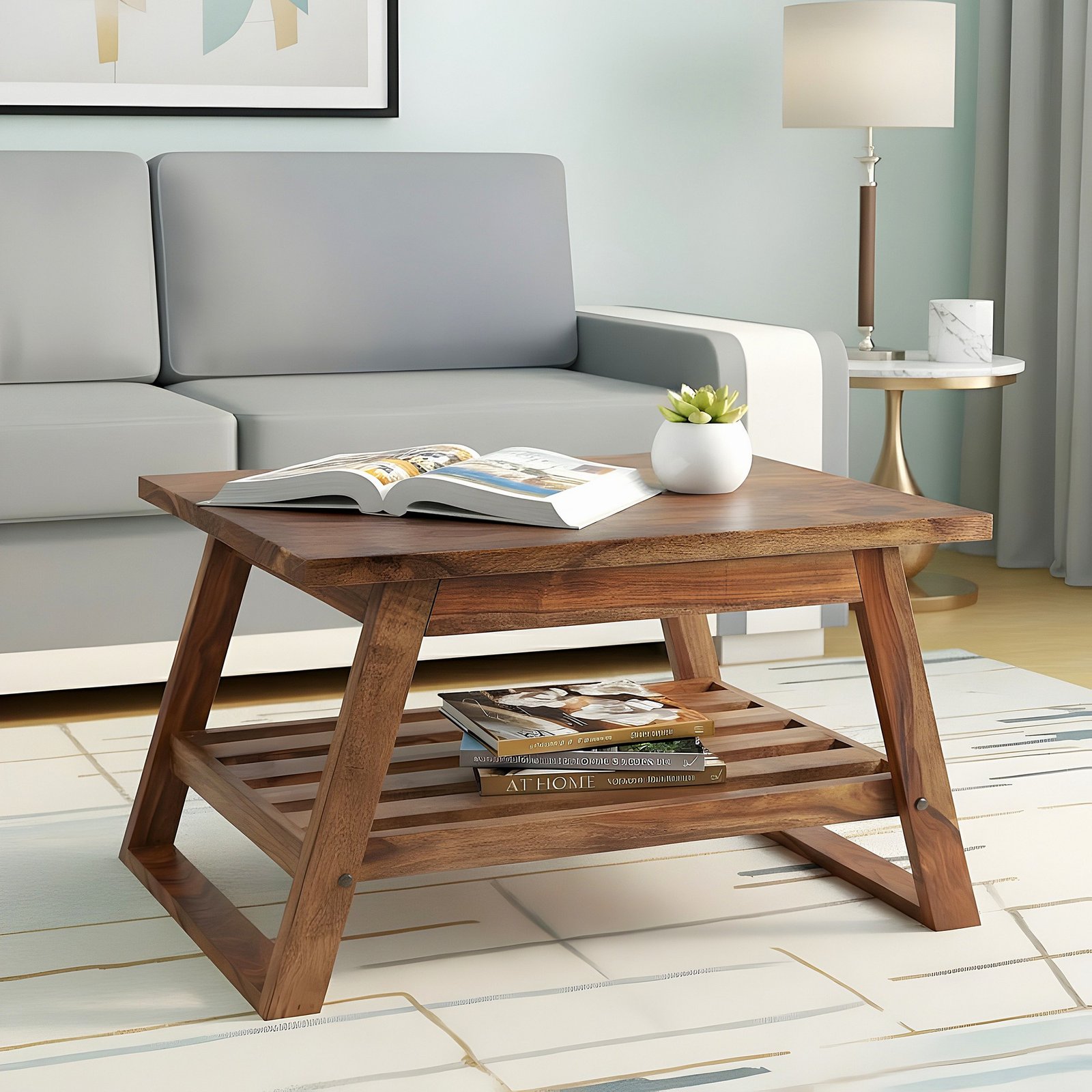 Ikiriya Alison Sheesham Wood Accent Rectangle Coffee Table in Teak Finish