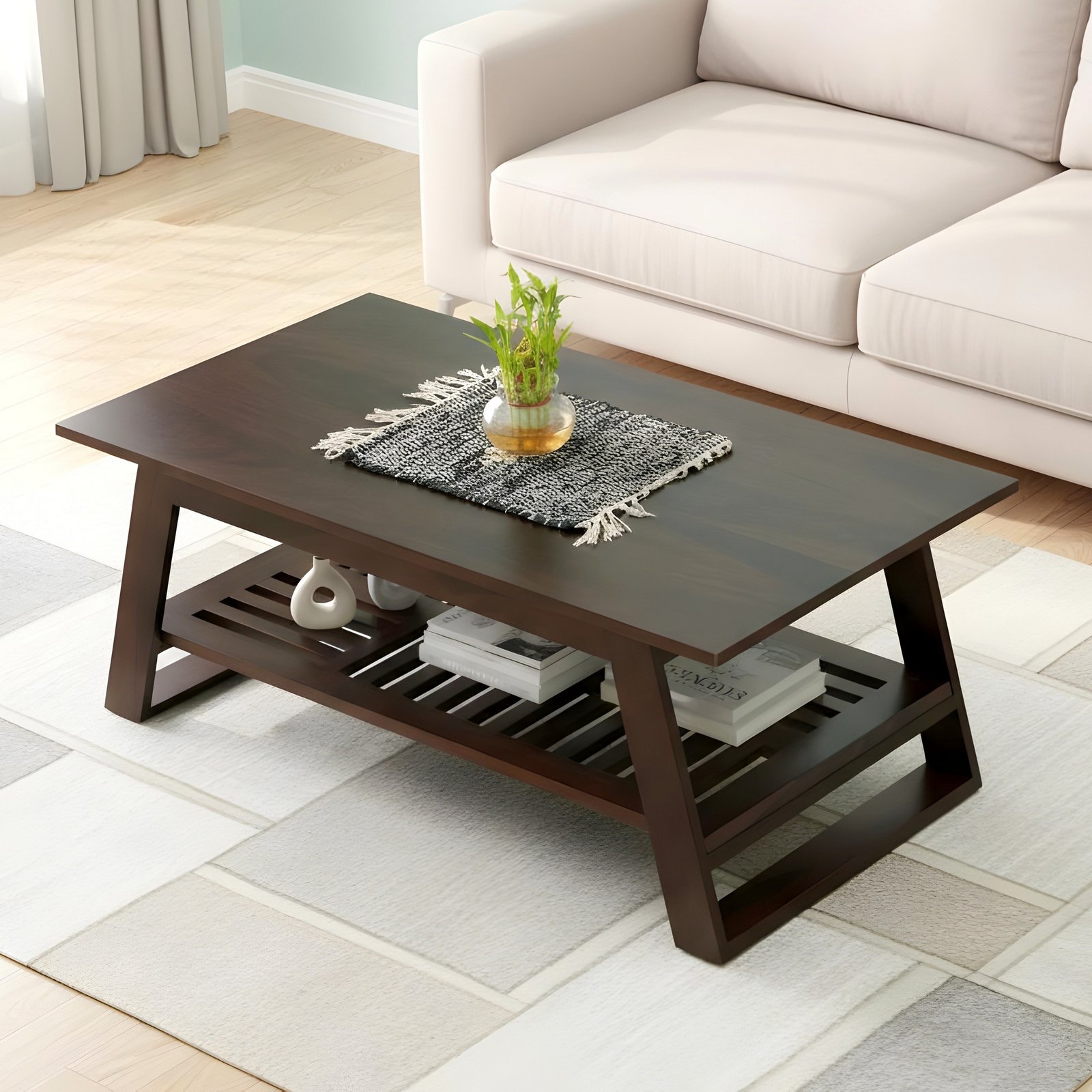 Ikiriya Alison Sheesham Wood Accent Rectangle Coffee Table in Dark Walnut Finish