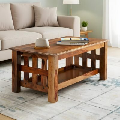 Ikiriya Blairs Sheesham Wood Accent Rectangle Coffee Table in Natural Teak Finish