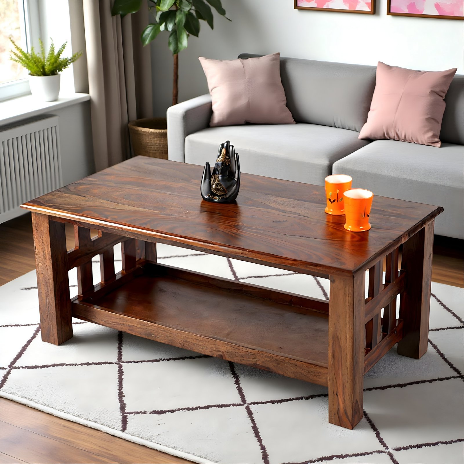 Ikiriya Blairs Sheesham Wood Accent Rectangle Coffee Table in Teak Finish