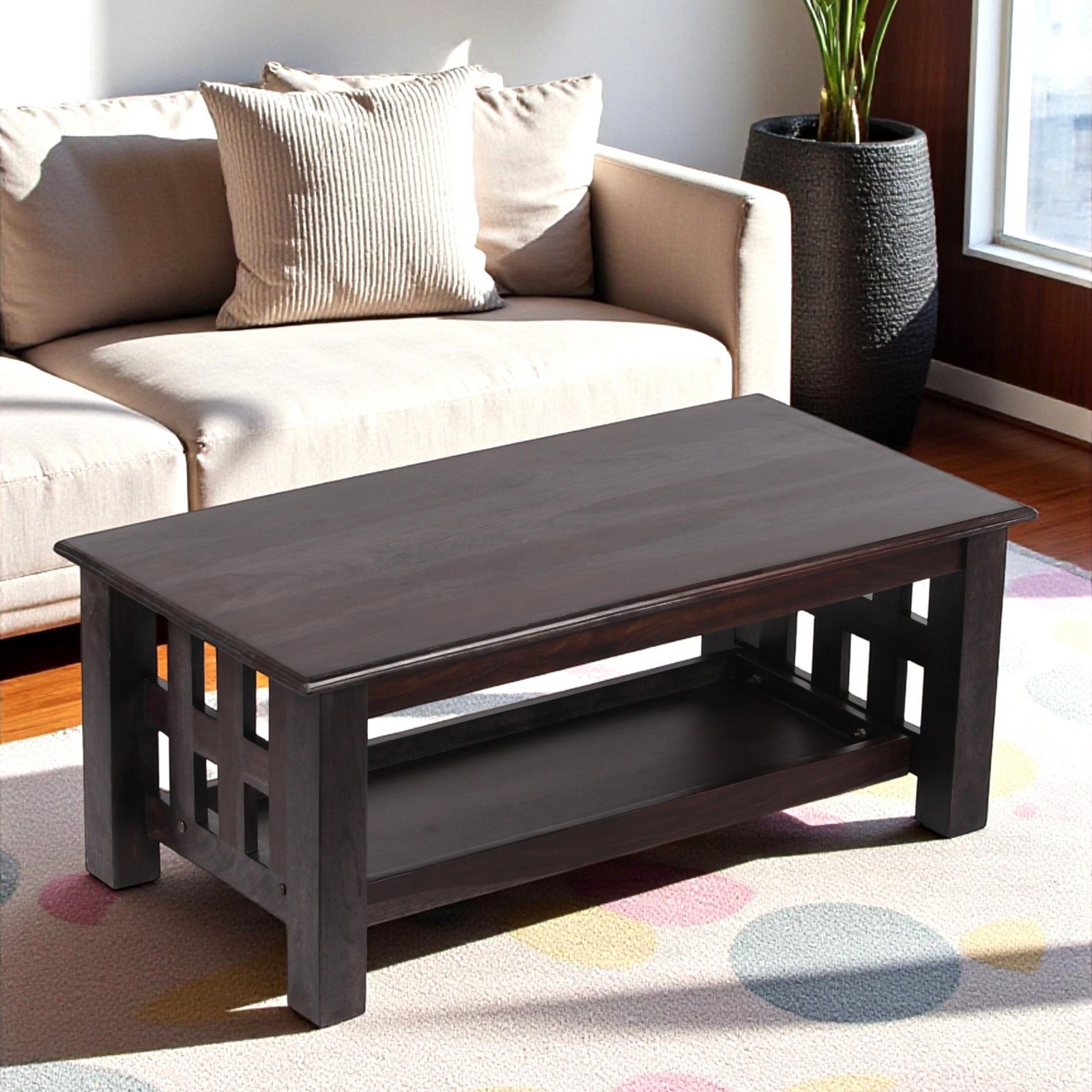 Ikiriya Blairs Sheesham Wood Accent Rectangle Coffee Table in Dark Mahagony Finish