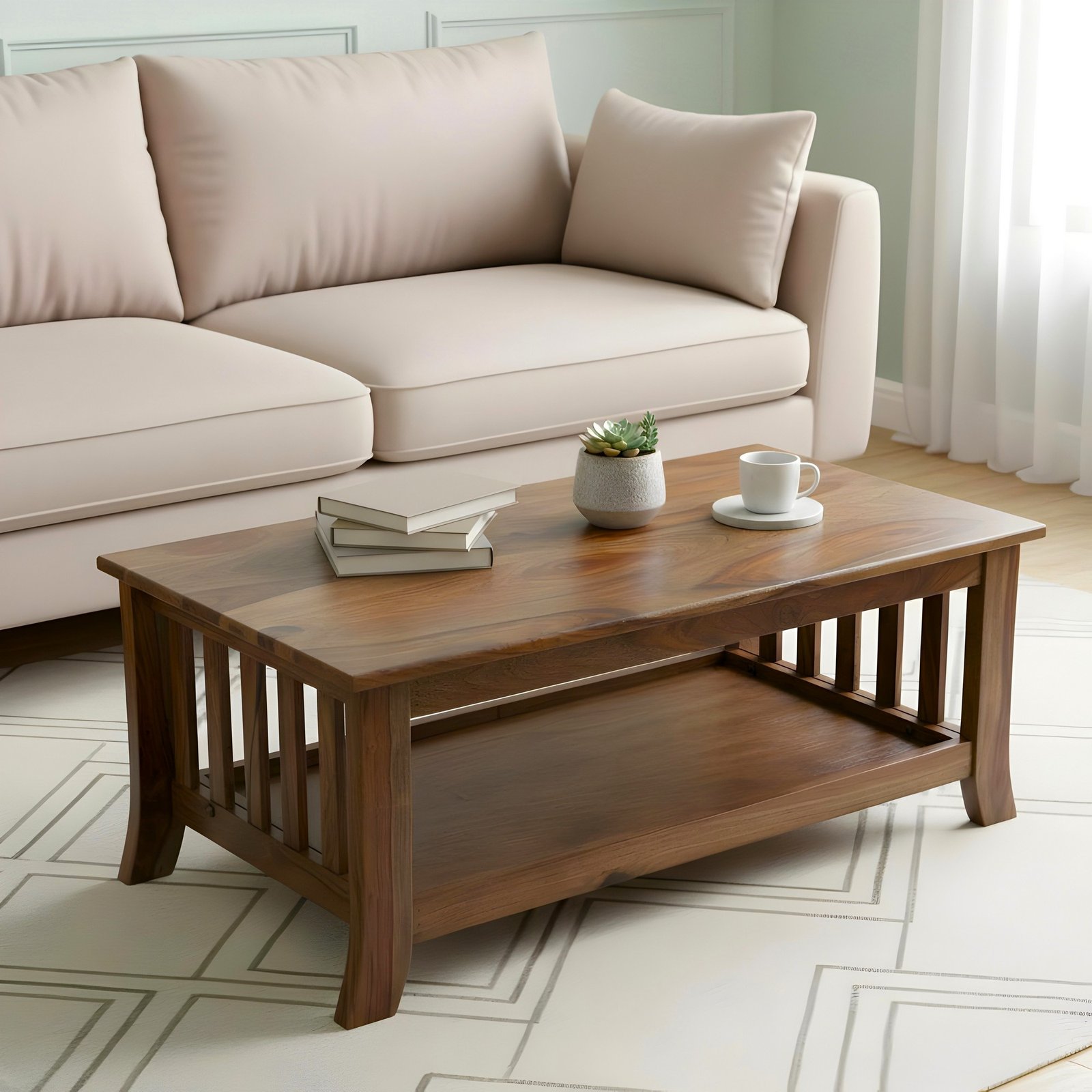 Ikiriya Blairs Sheesham Wood Accent Rectangle Coffee Table in Teak Finish