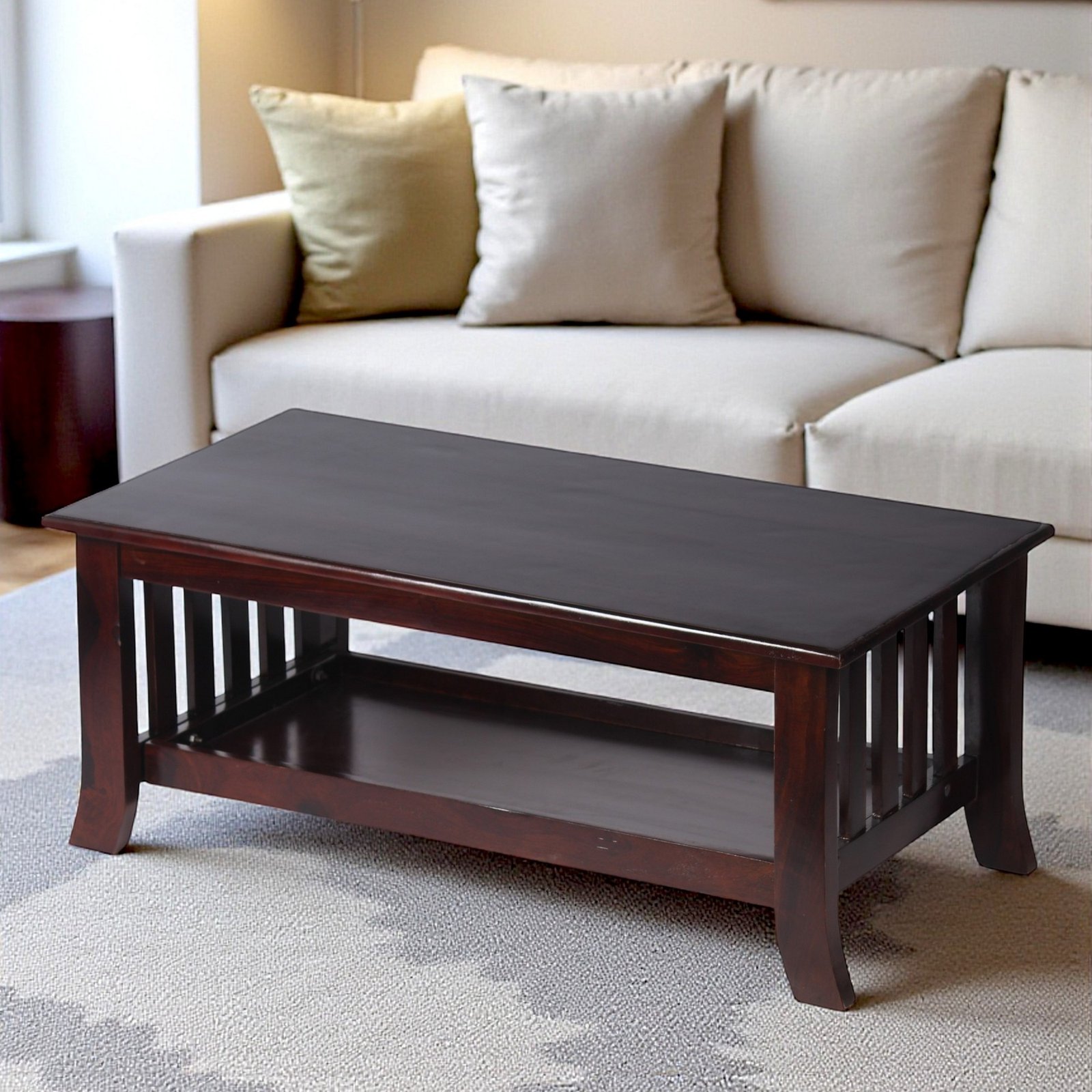 Ikiriya Blairs Sheesham Wood Accent Rectangle Coffee Table in Dark Walnut Finish