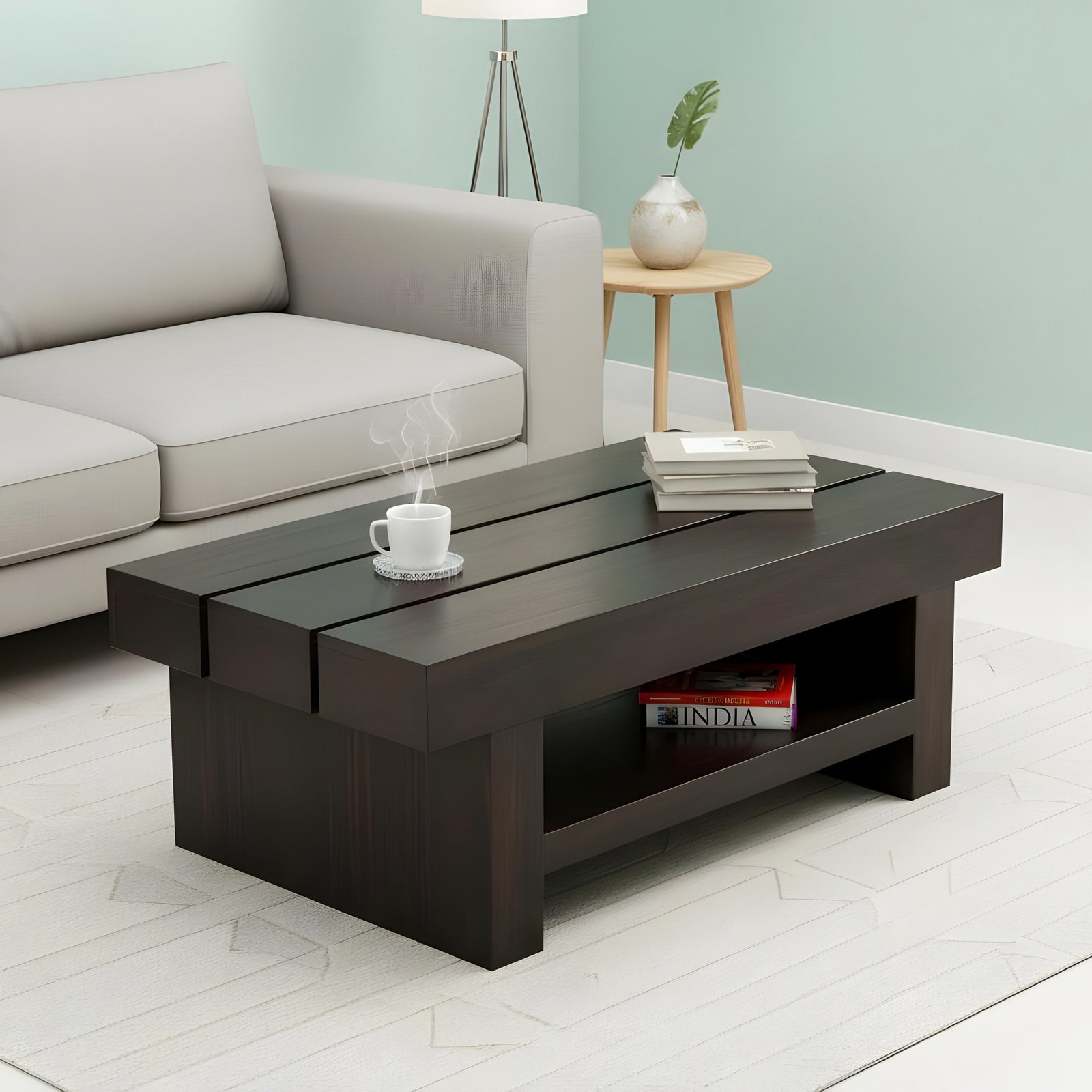 Ikiriya Piante Sheesham Wood Contemporary Rectangle Coffee Table in Dark Mahagony Finish