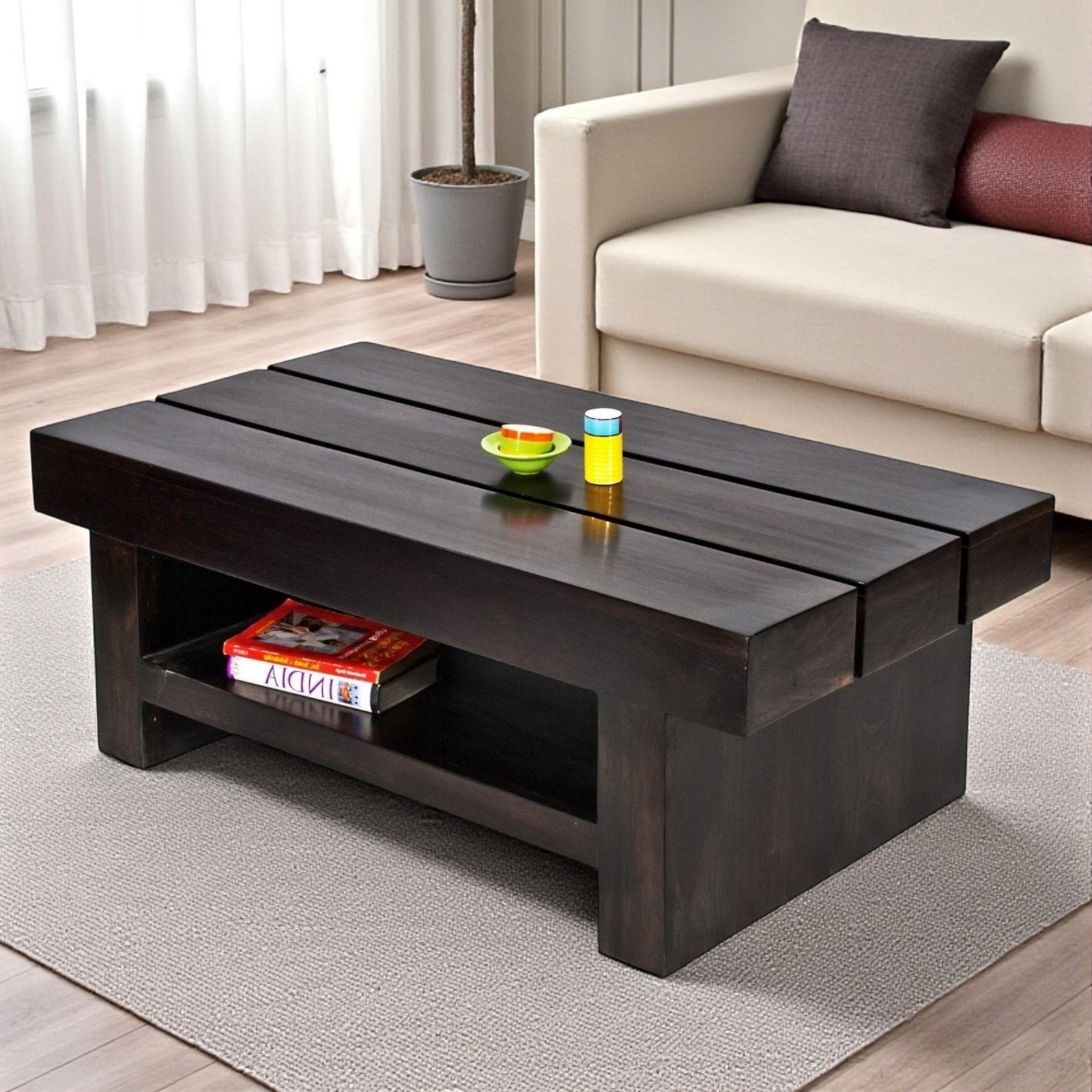 Ikiriya Piante Sheesham Wood Contemporary Rectangle Coffee Table in Dark Mahagony Finish - Image 8