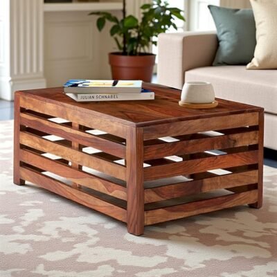 Ikiriya Erickson Sheesham Wood Contemporary Rectangle Coffee Table in Natural Teak Finish