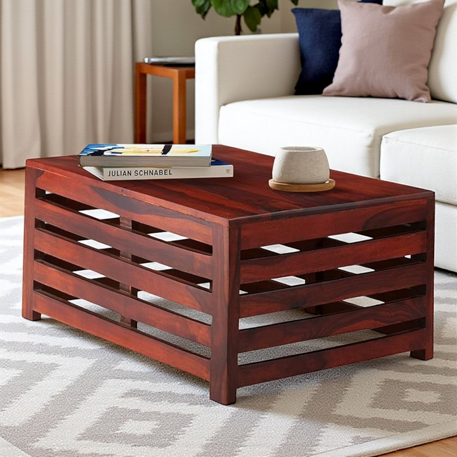 Ikiriya Erickson Sheesham Wood Contemporary Rectangle Coffee Table in Honey Finish