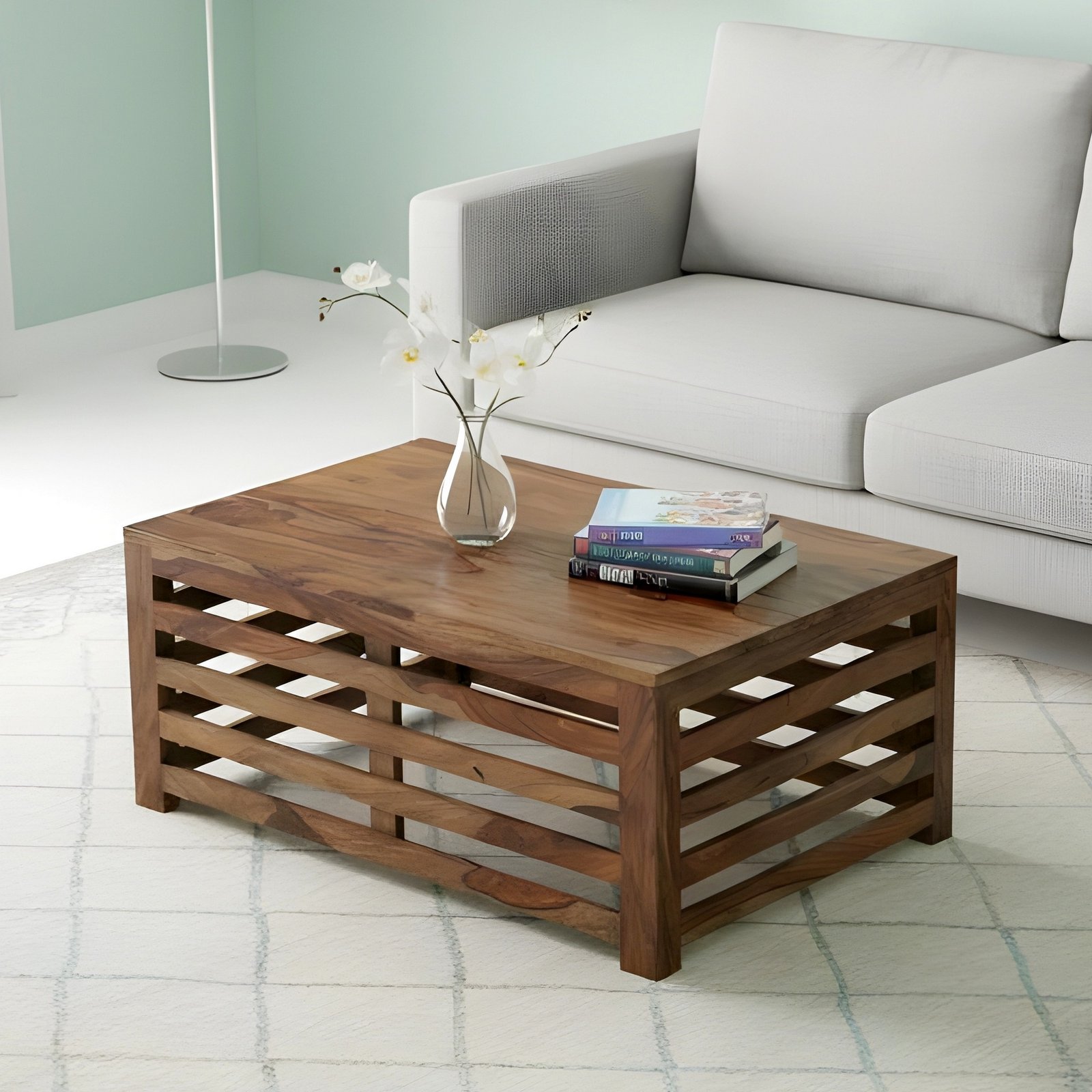 Ikiriya Erickson Sheesham Wood Contemporary Rectangle Coffee Table in Teak Finish