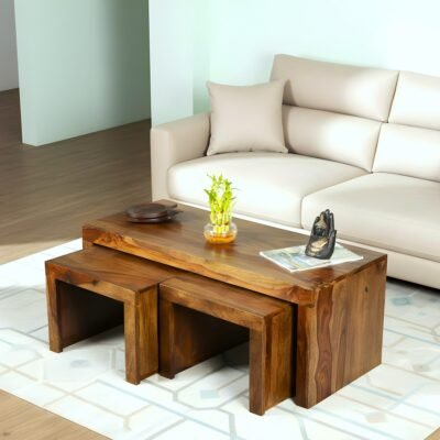 Ikiriya Kassel Sheesham Wood Contemporary Coffee Table Set with 2 Stools in Teak Finish