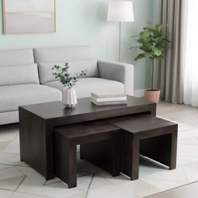 Ikiriya Kassel Sheesham Wood Contemporary Coffee Table Set with 2 Stools in Dark Mahagony Finish