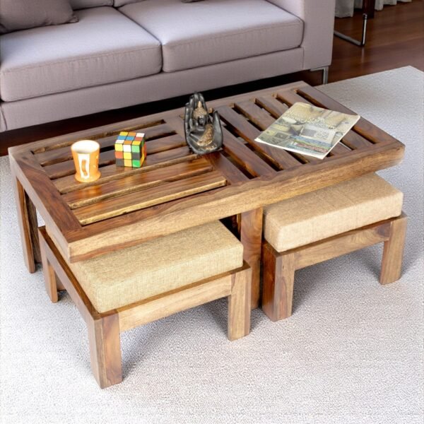 Ikiriya Irish Sheesham Wood Accent Coffee Table Set with 2 Stools in Teak Finish with Jute Beige Cushions