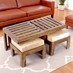 Ikiriya Irish Sheesham Wood Accent Coffee Table Set with 2 Stools in Teak Finish with Beige Sparkle Velvet Cushions