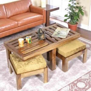 Ikiriya Irish Sheesham Wood Accent Coffee Table Set with 2 Stools in Teak Finish with Green Sparkle Velvet Cushions
