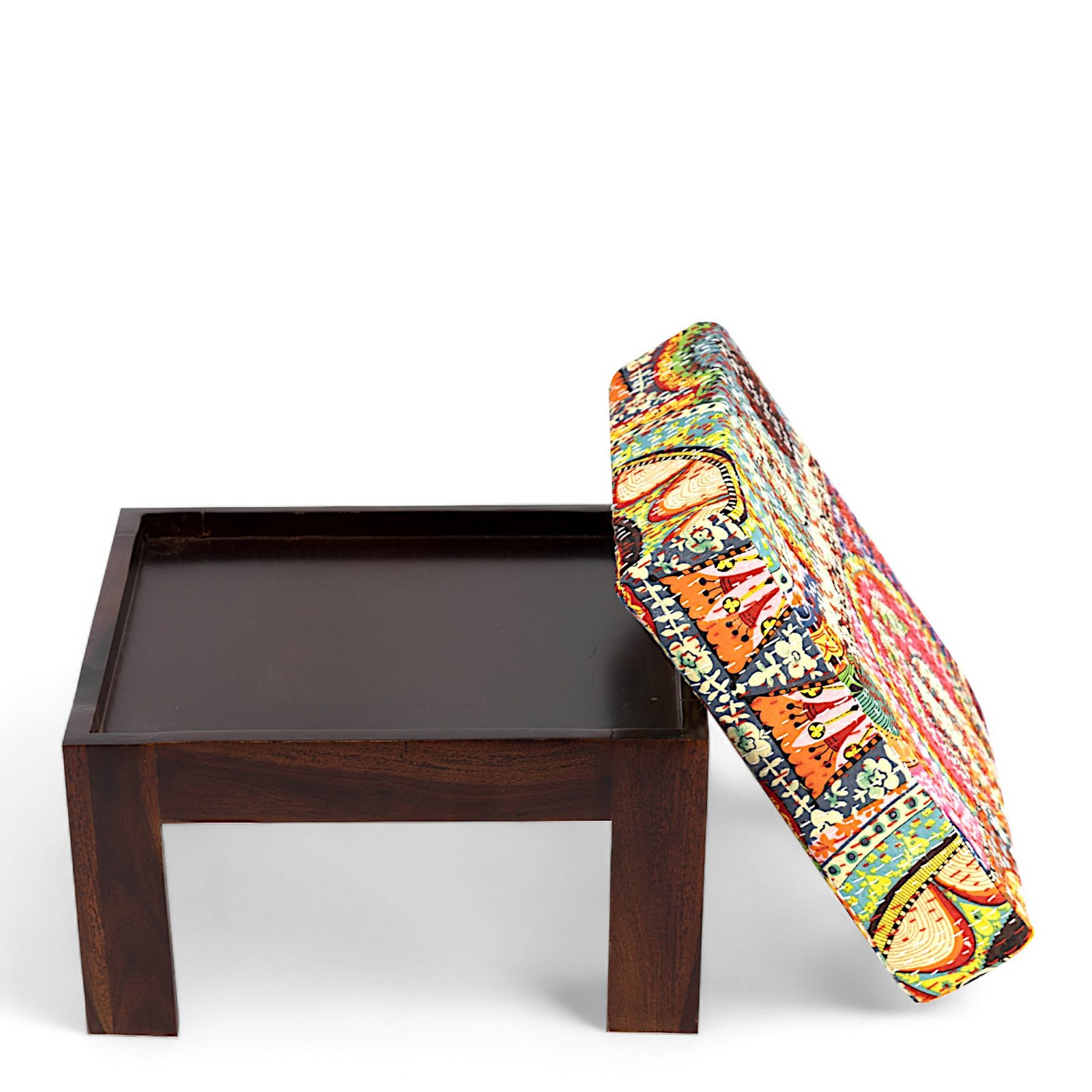 Ikiriya Irish Sheesham Wood Bohemian Coffee Table Set with 2 Stools in Dark Walnut Finish with Israel Print Patchwork Kantha Cushions - Image 11