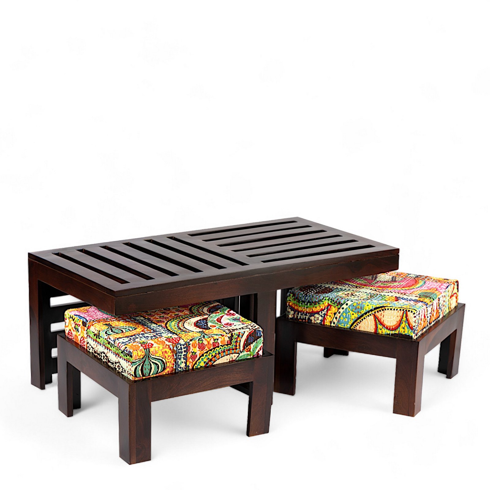 Ikiriya Irish Sheesham Wood Bohemian Coffee Table Set with 2 Stools in Dark Walnut Finish with Israel Print Patchwork Kantha Cushions - Image 12