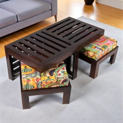 Ikiriya Irish Sheesham Wood Bohemian Coffee Table Set with 2 Stools in Dark Walnut Finish with Israel Print Patchwork Kantha Cushions