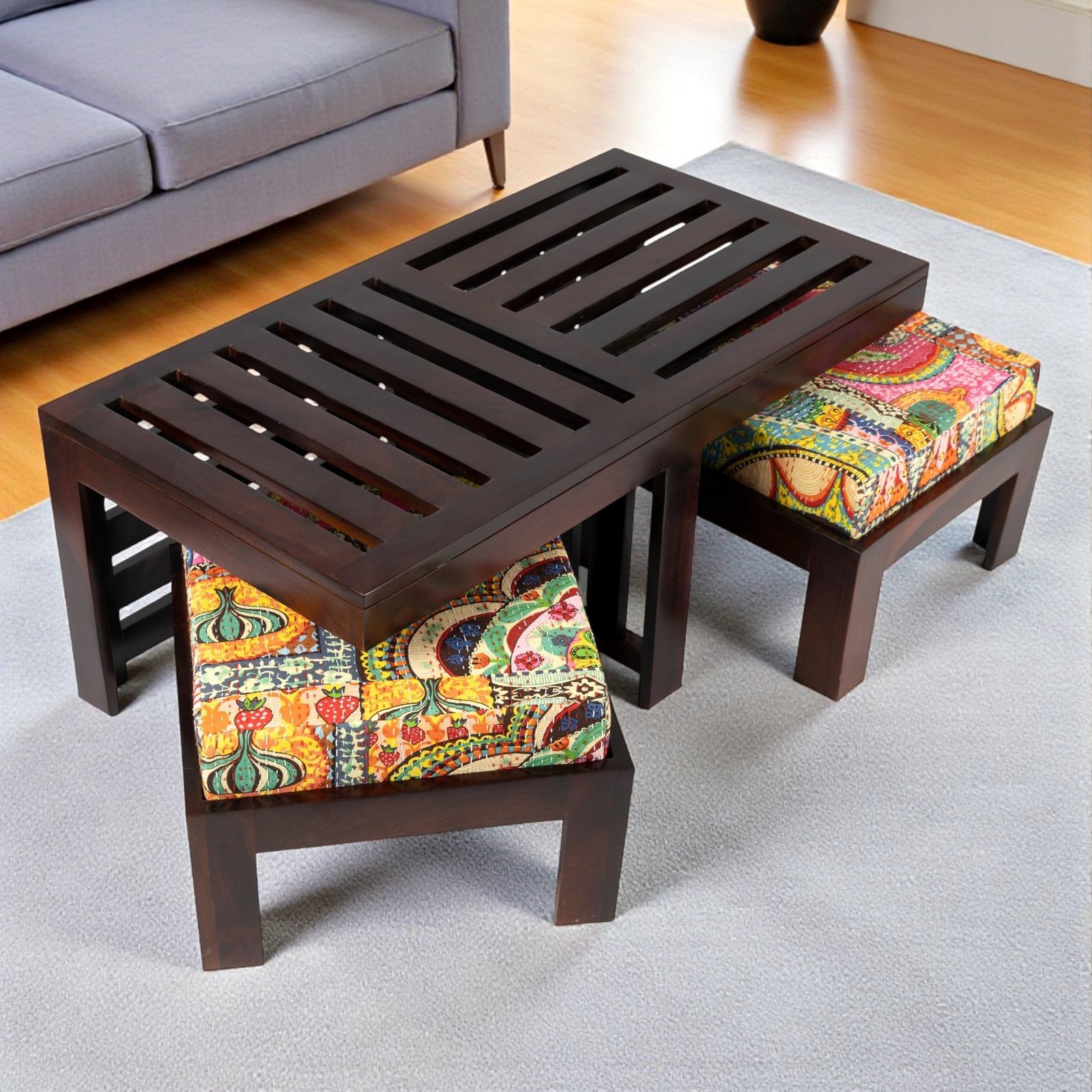 Ikiriya Irish Sheesham Wood Bohemian Coffee Table Set with 2 Stools in Dark Walnut Finish with Israel Print Patchwork Kantha Cushions
