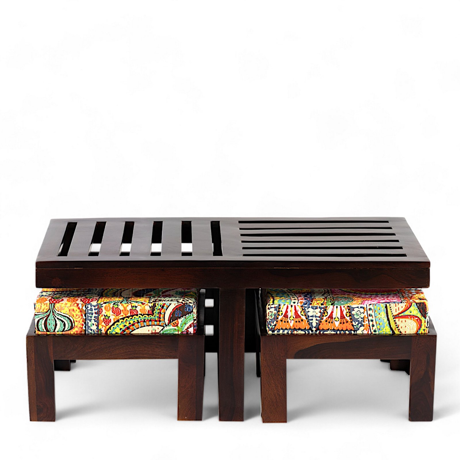 Ikiriya Irish Sheesham Wood Bohemian Coffee Table Set with 2 Stools in Dark Walnut Finish with Israel Print Patchwork Kantha Cushions - Image 2