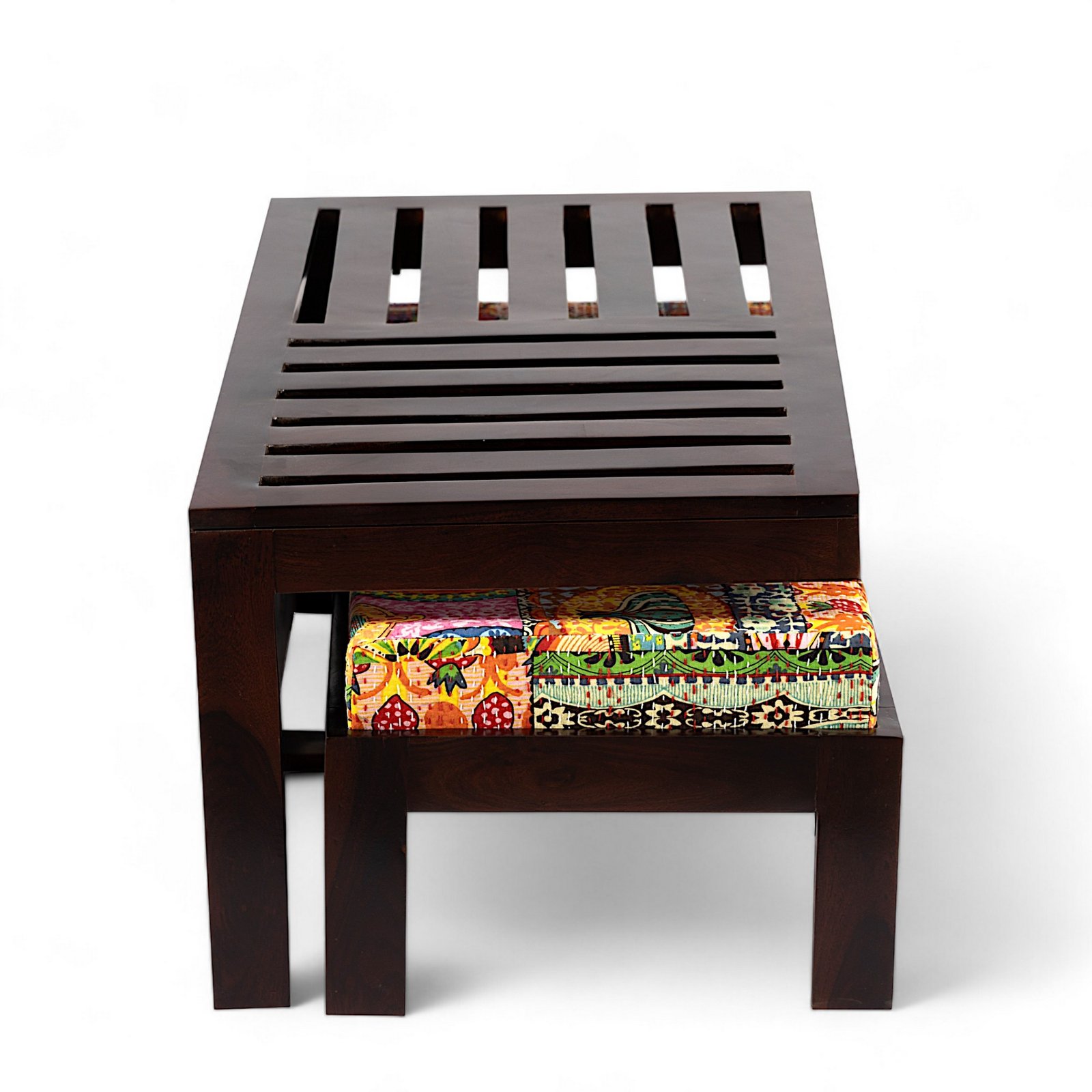 Ikiriya Irish Sheesham Wood Bohemian Coffee Table Set with 2 Stools in Dark Walnut Finish with Israel Print Patchwork Kantha Cushions - Image 3