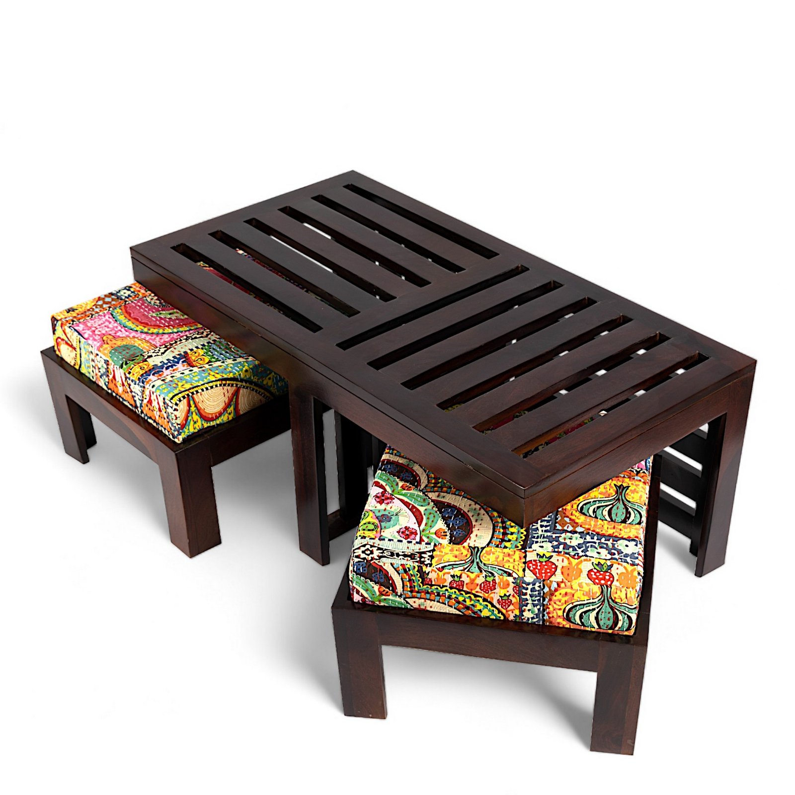 Ikiriya Irish Sheesham Wood Bohemian Coffee Table Set with 2 Stools in Dark Walnut Finish with Israel Print Patchwork Kantha Cushions - Image 4