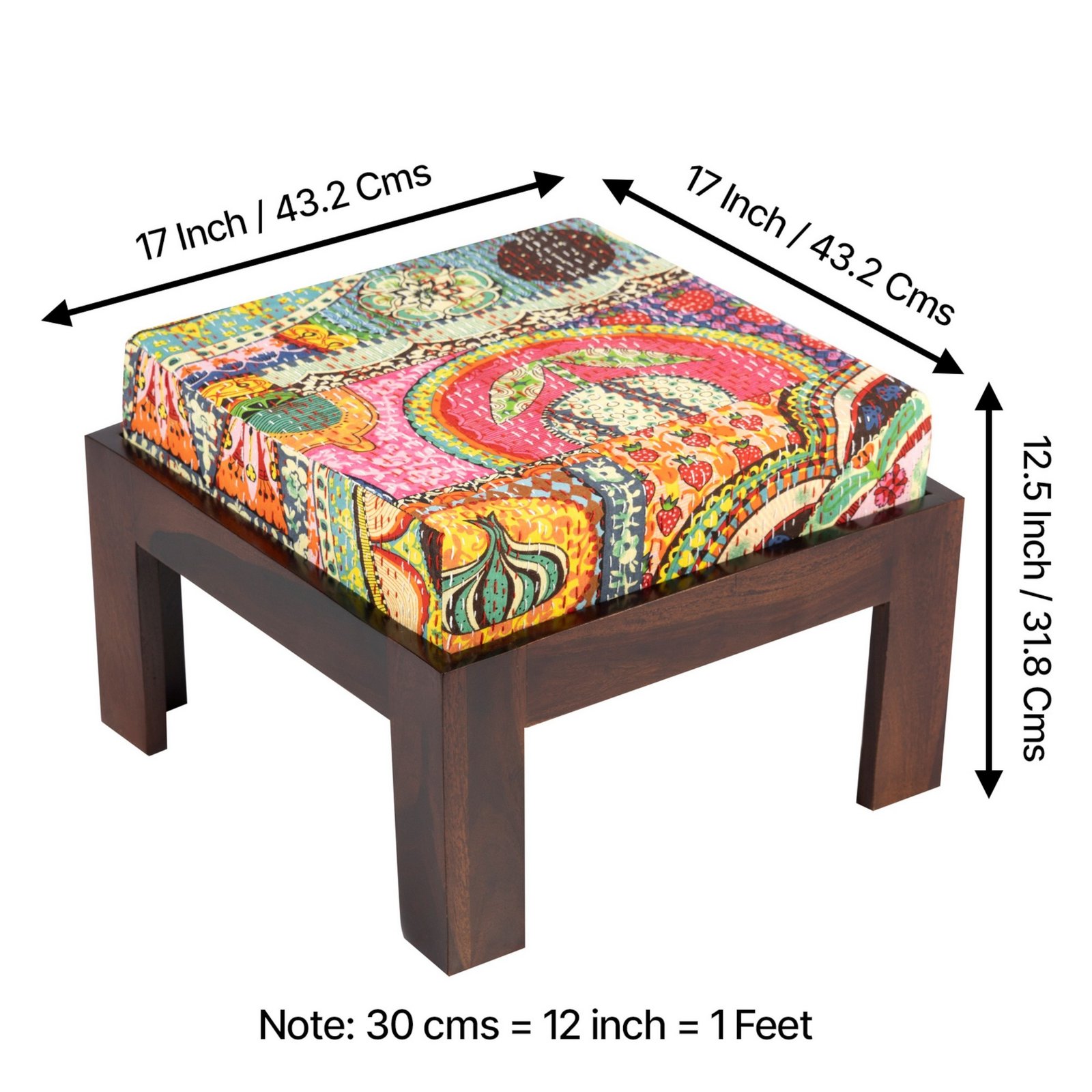Ikiriya Irish Sheesham Wood Bohemian Coffee Table Set with 2 Stools in Dark Walnut Finish with Israel Print Patchwork Kantha Cushions - Image 6