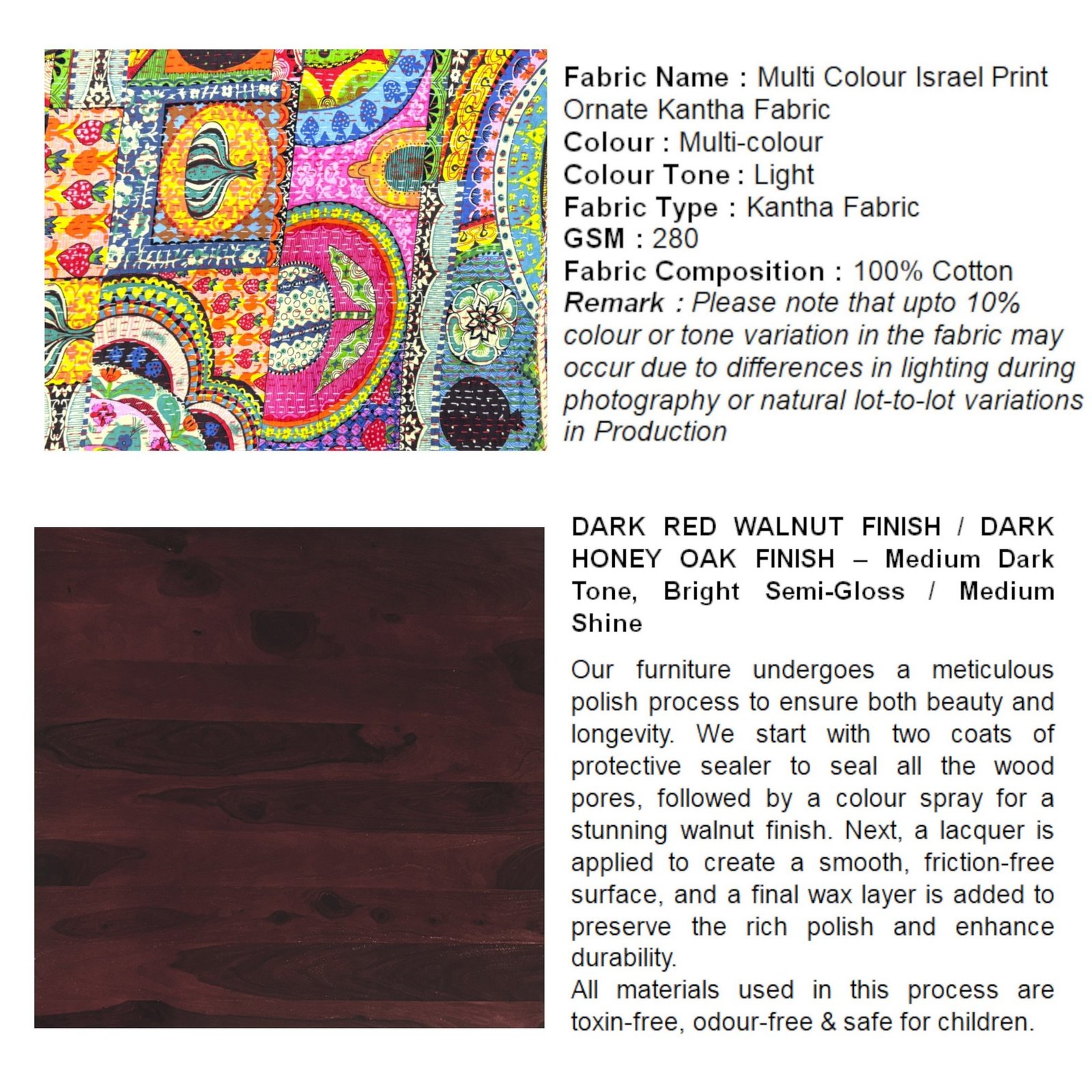 Ikiriya Irish Sheesham Wood Bohemian Coffee Table Set with 2 Stools in Dark Walnut Finish with Israel Print Patchwork Kantha Cushions - Image 8