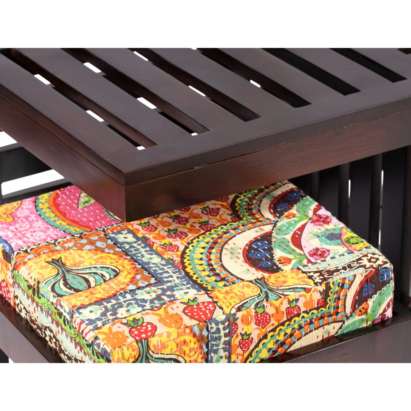 Ikiriya Irish Sheesham Wood Bohemian Coffee Table Set with 2 Stools in Dark Walnut Finish with Israel Print Patchwork Kantha Cushions - Image 9