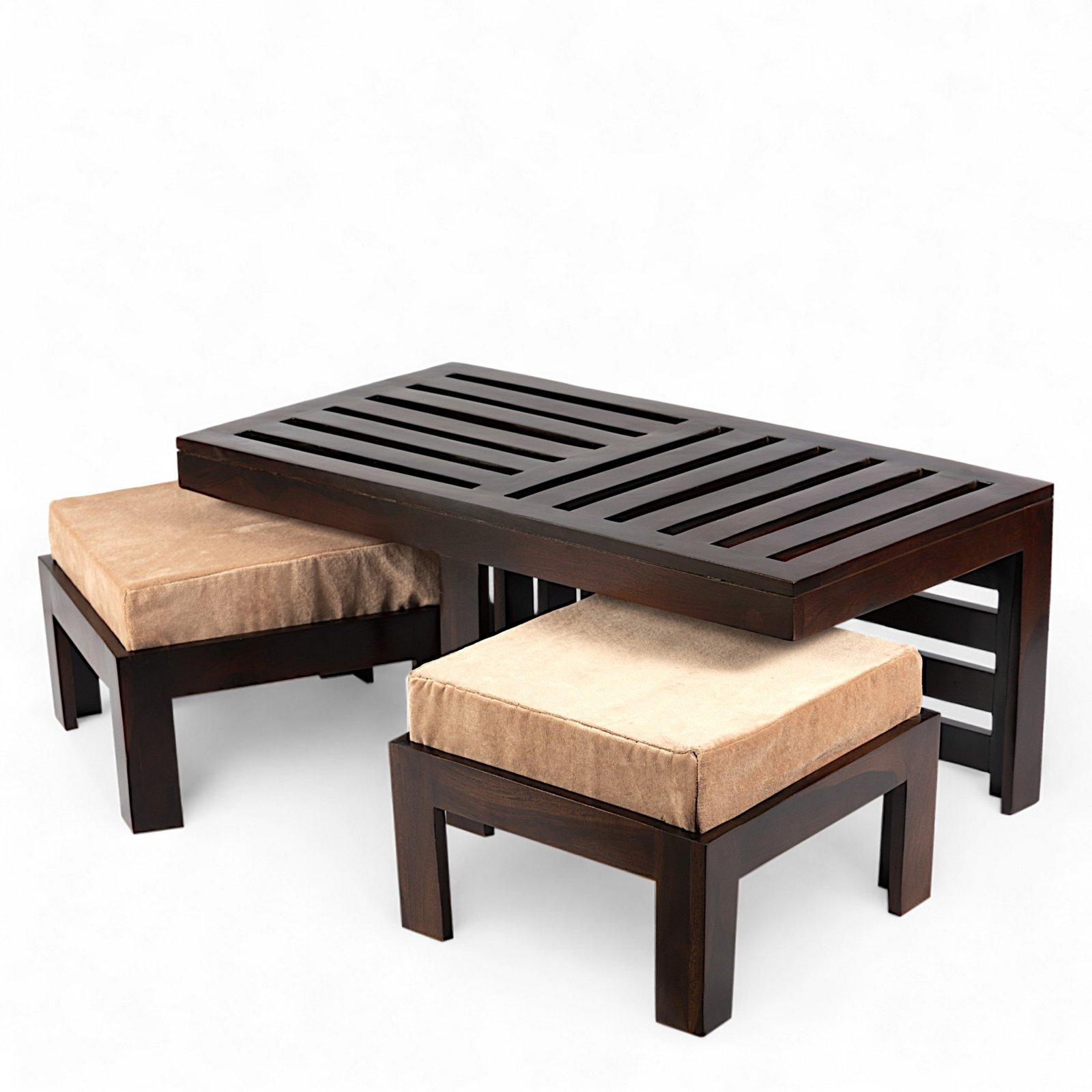 Ikiriya Irish Sheesham Wood Accent Coffee Table Set with 2 Stools in Dark Walnut Finish with Peach Mosha Velvet Cushions - Image 11