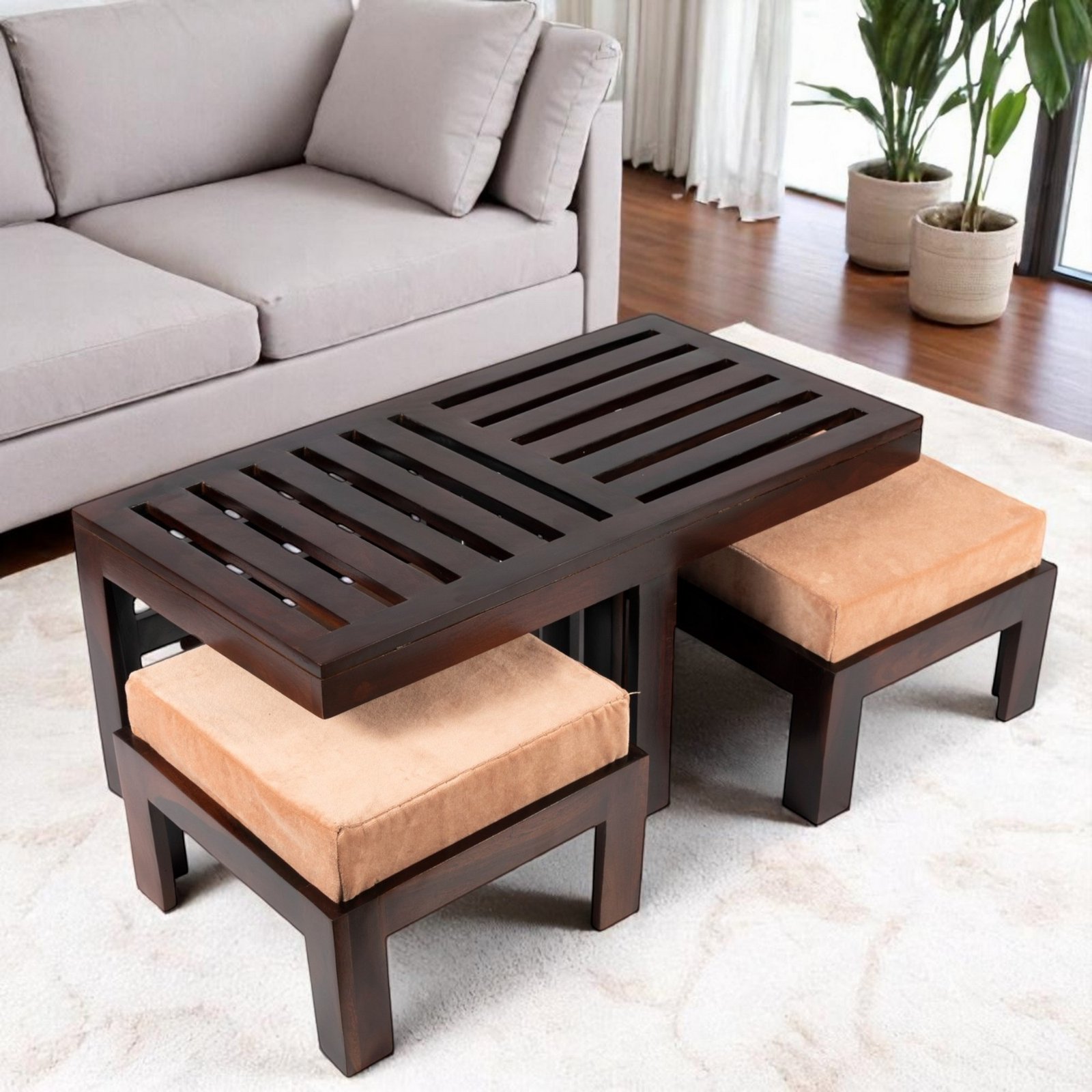 Ikiriya Irish Sheesham Wood Accent Coffee Table Set with 2 Stools in Dark Walnut Finish with Peach Mosha Velvet Cushions