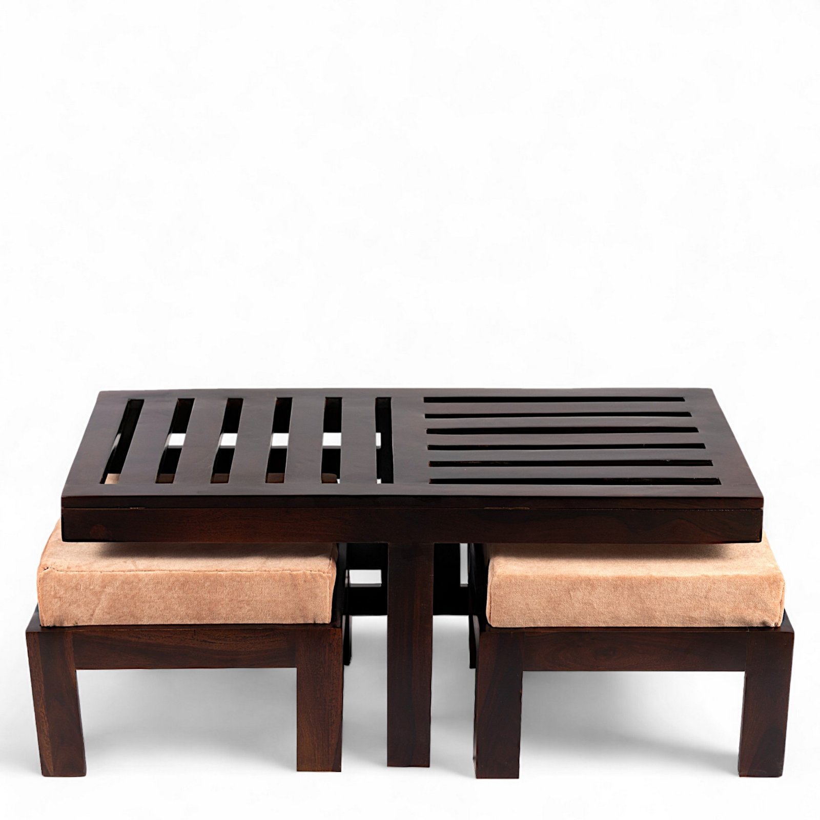 Ikiriya Irish Sheesham Wood Accent Coffee Table Set with 2 Stools in Dark Walnut Finish with Peach Mosha Velvet Cushions - Image 2