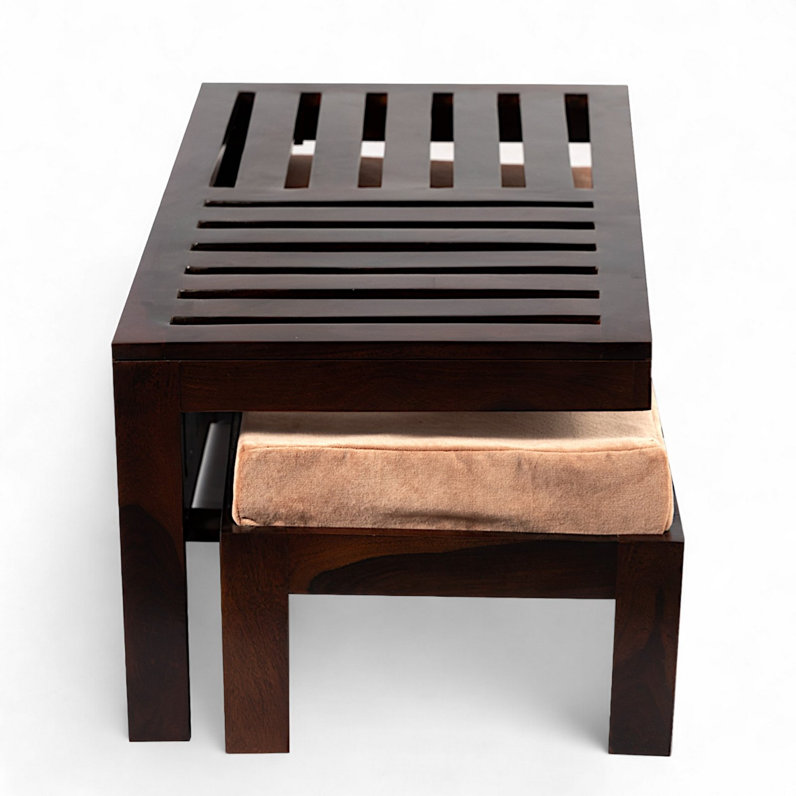 Ikiriya Irish Sheesham Wood Accent Coffee Table Set with 2 Stools in Dark Walnut Finish with Peach Mosha Velvet Cushions - Image 3