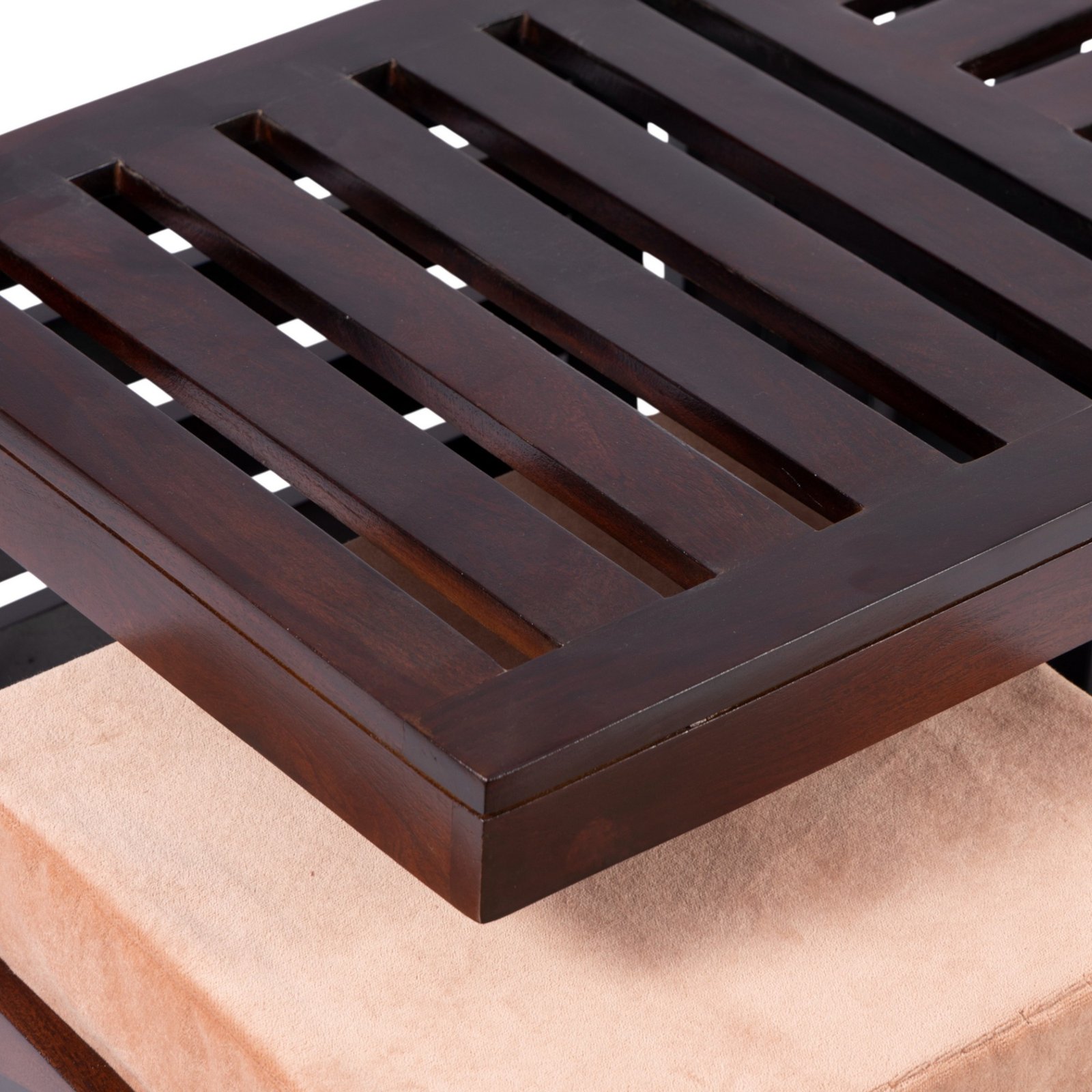 Ikiriya Irish Sheesham Wood Accent Coffee Table Set with 2 Stools in Dark Walnut Finish with Peach Mosha Velvet Cushions - Image 4