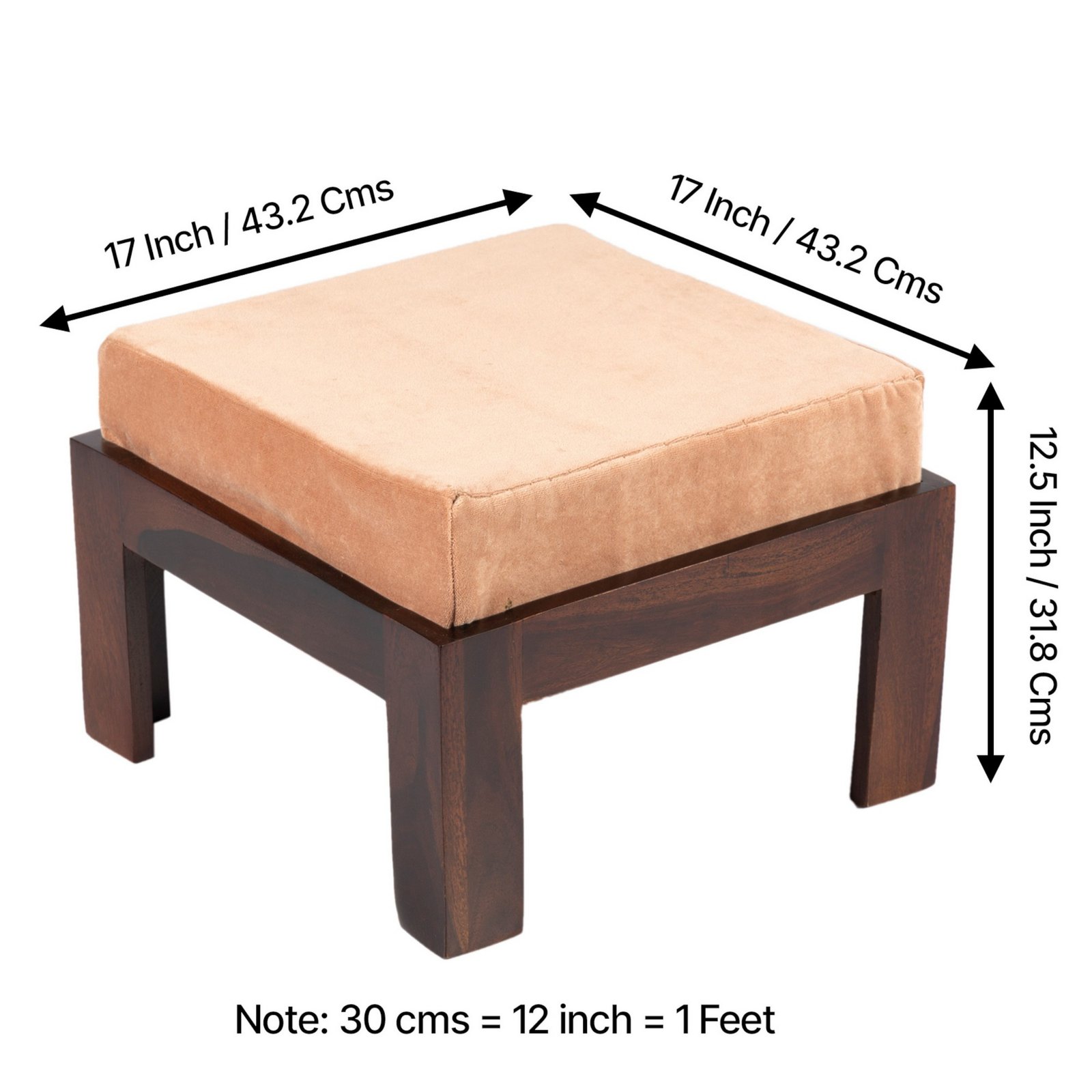 Ikiriya Irish Sheesham Wood Accent Coffee Table Set with 2 Stools in Dark Walnut Finish with Peach Mosha Velvet Cushions - Image 6