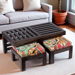Ikiriya Irish Sheesham Wood Bohemian Coffee Table Set with 2 Stools in Dark Mahagony Finish with Israel Print Patchwork Kantha Cushions
