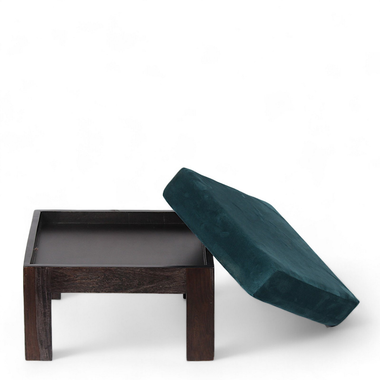 Ikiriya Irish Sheesham Wood Accent Coffee Table Set with 2 Stools in Dark Mahagony Finish with Turquoise Sea Velvet Cushions - Image 11