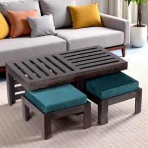 Ikiriya Irish Sheesham Wood Accent Coffee Table Set with 2 Stools in Dark Mahagony Finish with Turquoise Sea Velvet Cushions