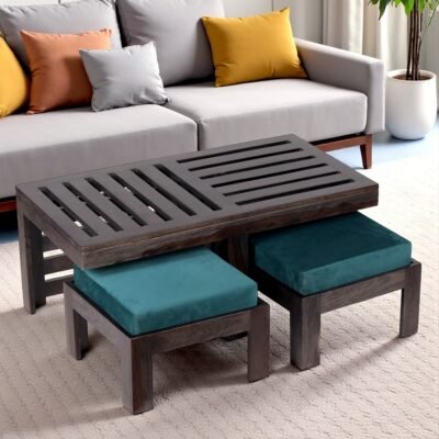 Ikiriya Irish Sheesham Wood Accent Coffee Table Set with 2 Stools in Dark Mahagony Finish with Turquoise Sea Velvet Cushions