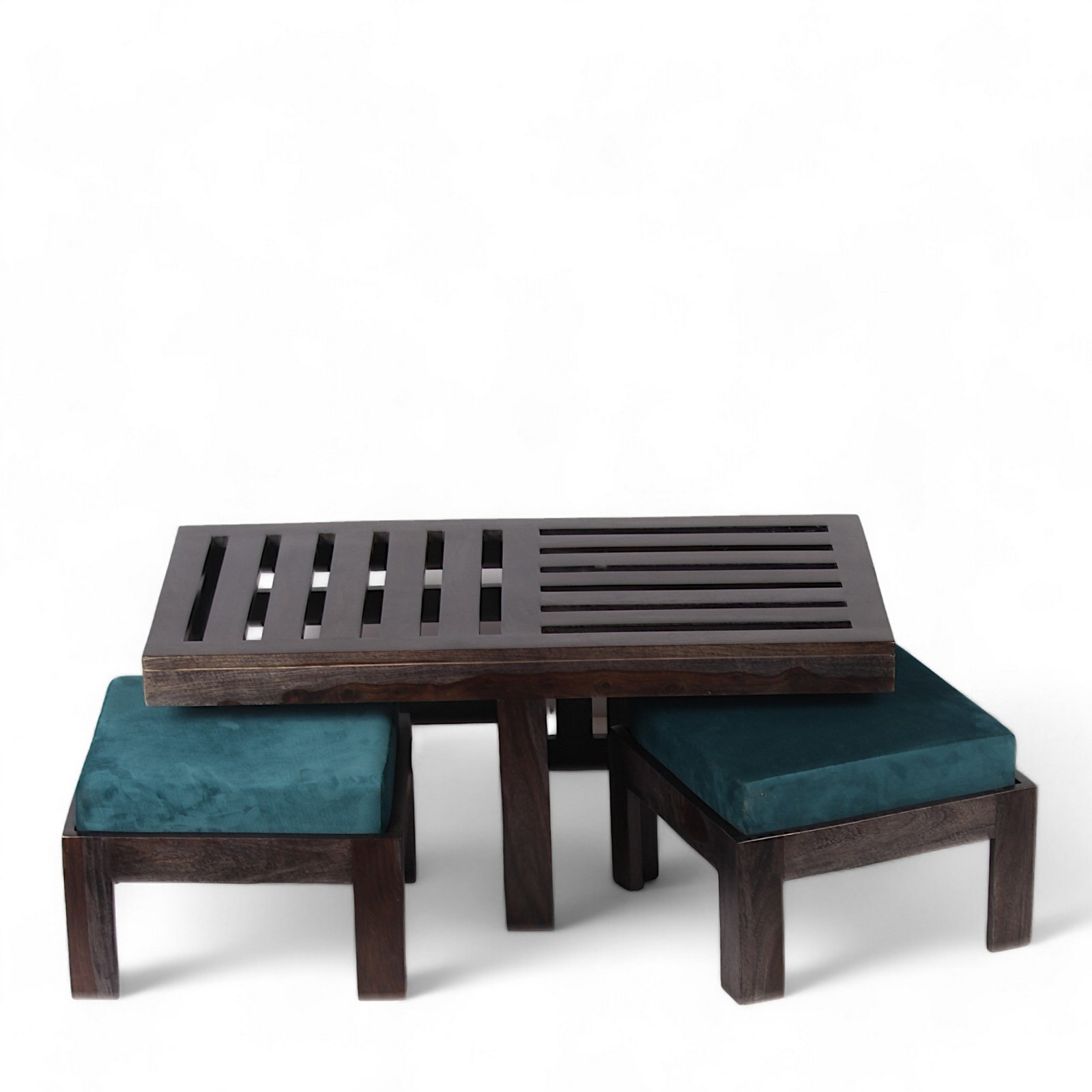 Ikiriya Irish Sheesham Wood Accent Coffee Table Set with 2 Stools in Dark Mahagony Finish with Turquoise Sea Velvet Cushions - Image 2