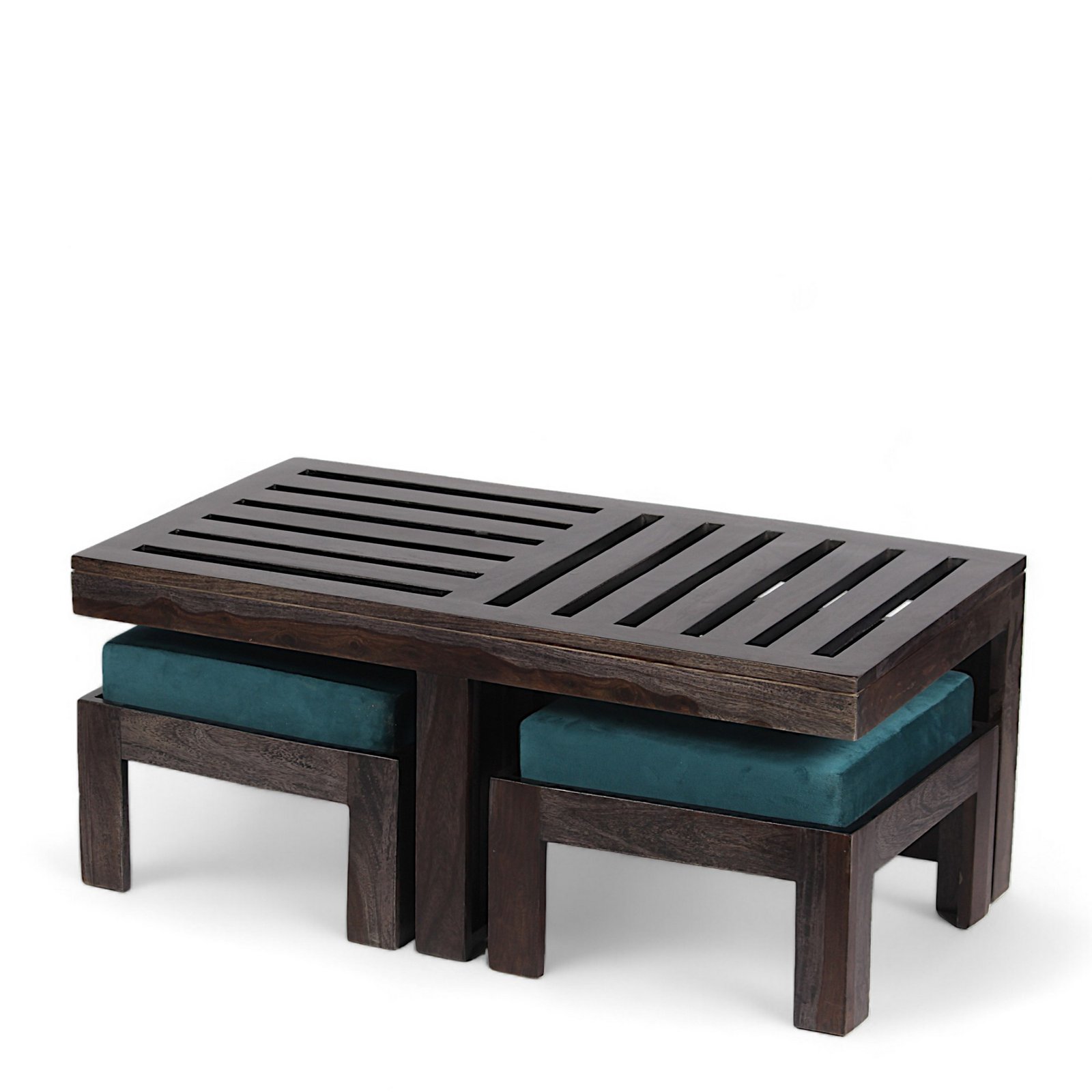 Ikiriya Irish Sheesham Wood Accent Coffee Table Set with 2 Stools in Dark Mahagony Finish with Turquoise Sea Velvet Cushions - Image 3