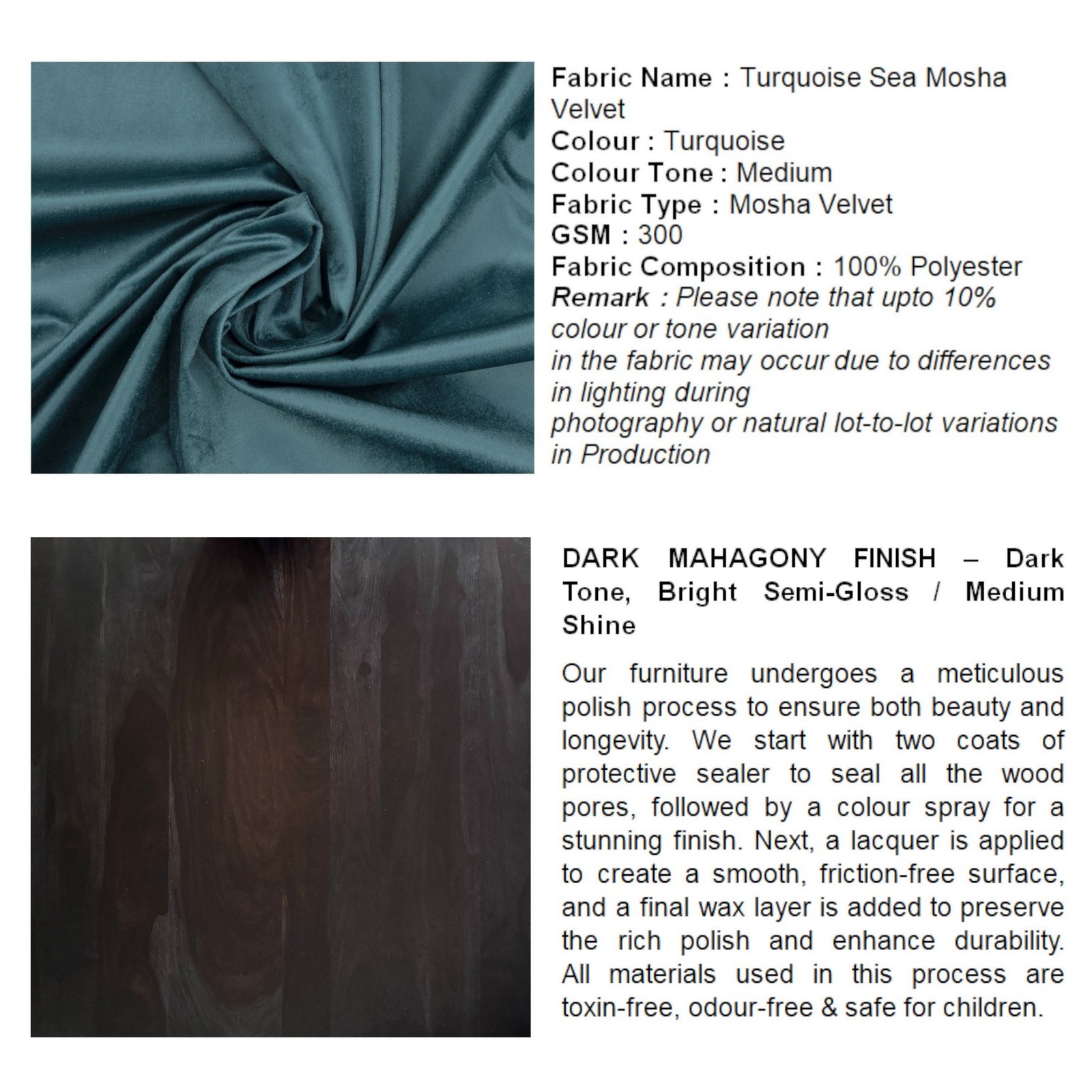 Ikiriya Irish Sheesham Wood Accent Coffee Table Set with 2 Stools in Dark Mahagony Finish with Turquoise Sea Velvet Cushions - Image 6