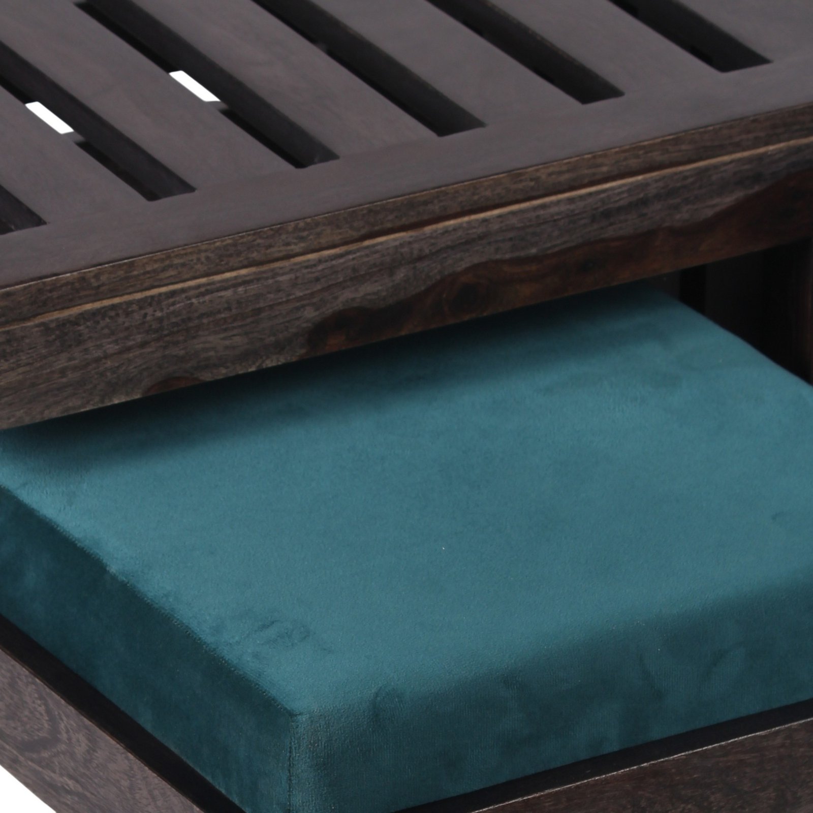 Ikiriya Irish Sheesham Wood Accent Coffee Table Set with 2 Stools in Dark Mahagony Finish with Turquoise Sea Velvet Cushions - Image 8