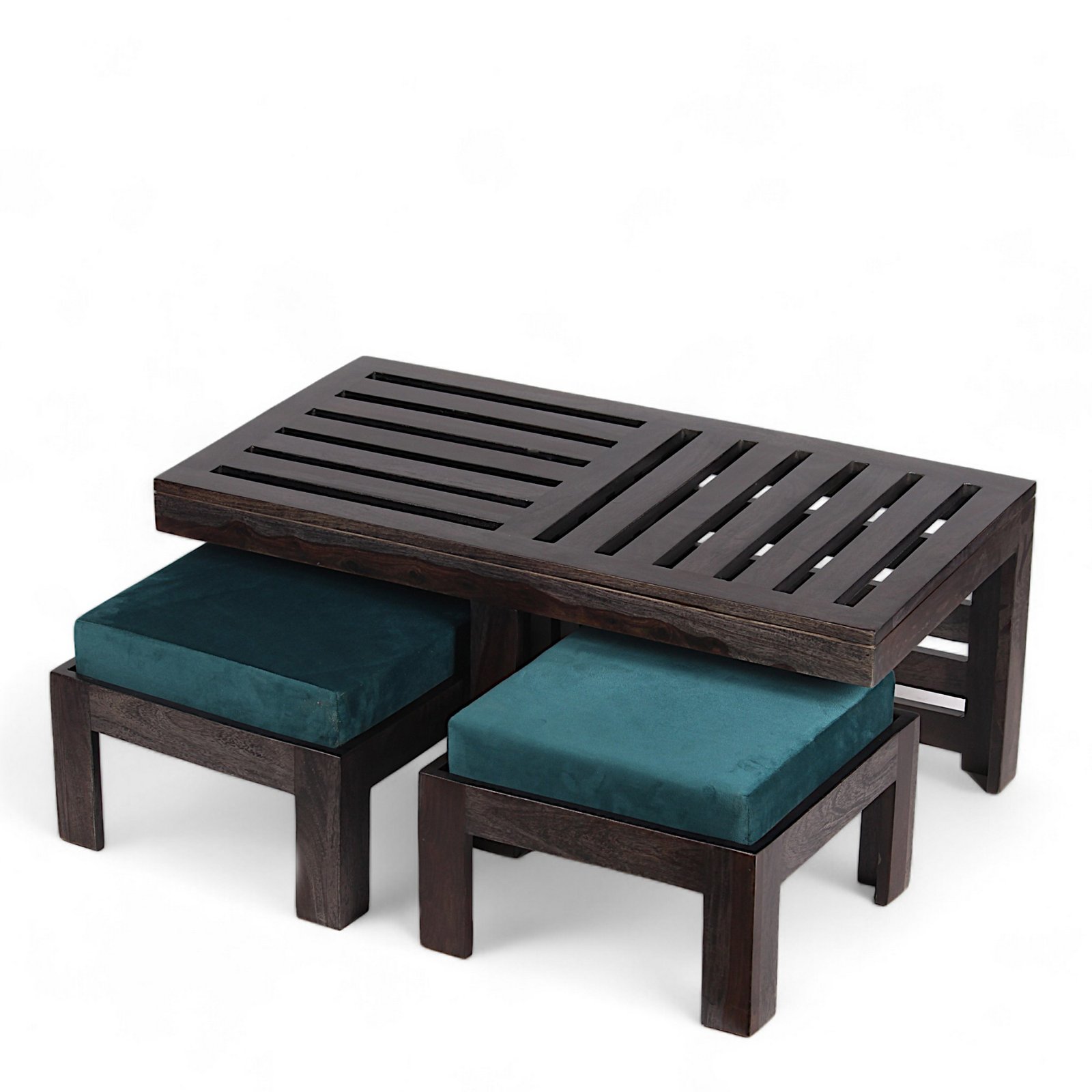 Ikiriya Irish Sheesham Wood Accent Coffee Table Set with 2 Stools in Dark Mahagony Finish with Turquoise Sea Velvet Cushions - Image 9