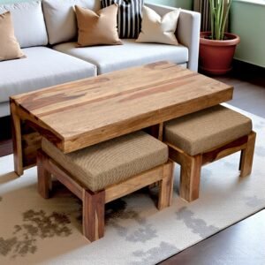 Ikiriya Irish Sheesham Wood Accent Coffee Table Set with 2 Stools in Teak Finish with Jute Beige Cushions