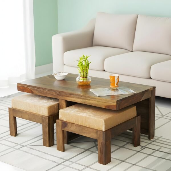 Ikiriya Irish Sheesham Wood Accent Coffee Table Set with 2 Stools in Teak Finish with Beige Sparkle Velvet Cushions