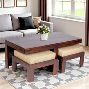 Ikiriya Irish Sheesham Wood Accent Coffee Table Set with 2 Stools in Dark Walnut Finish with Jute Beige Cushions